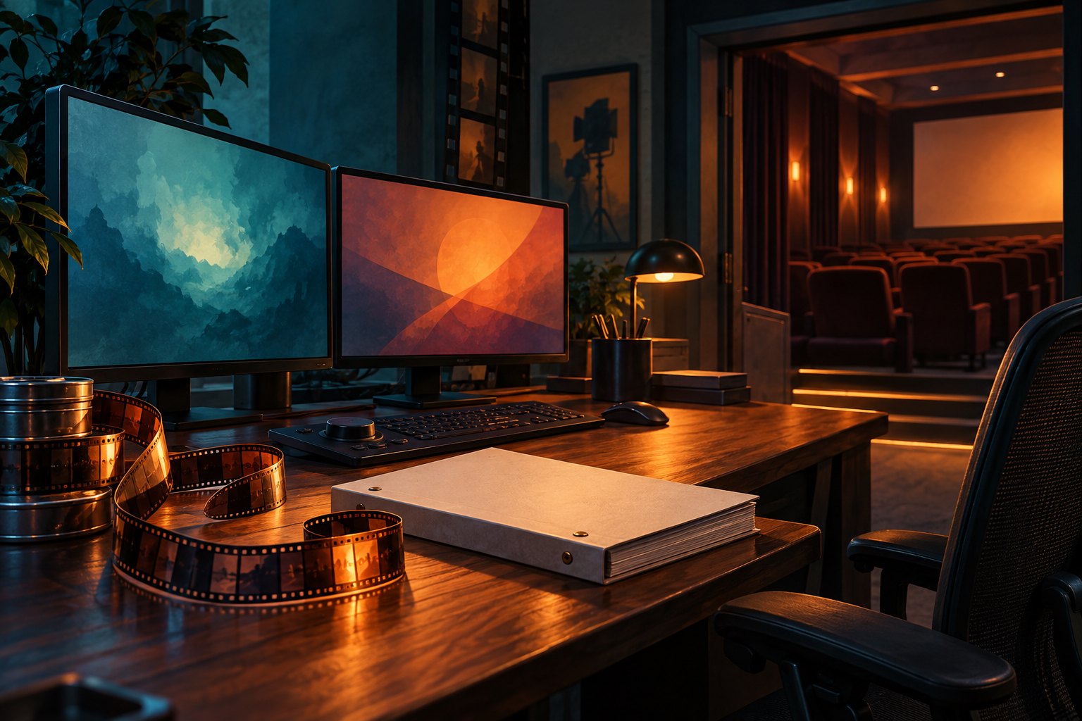 Conceptual illustration of an empty editing desk with two monitors, film reels, and a screenplay beside a screening room.