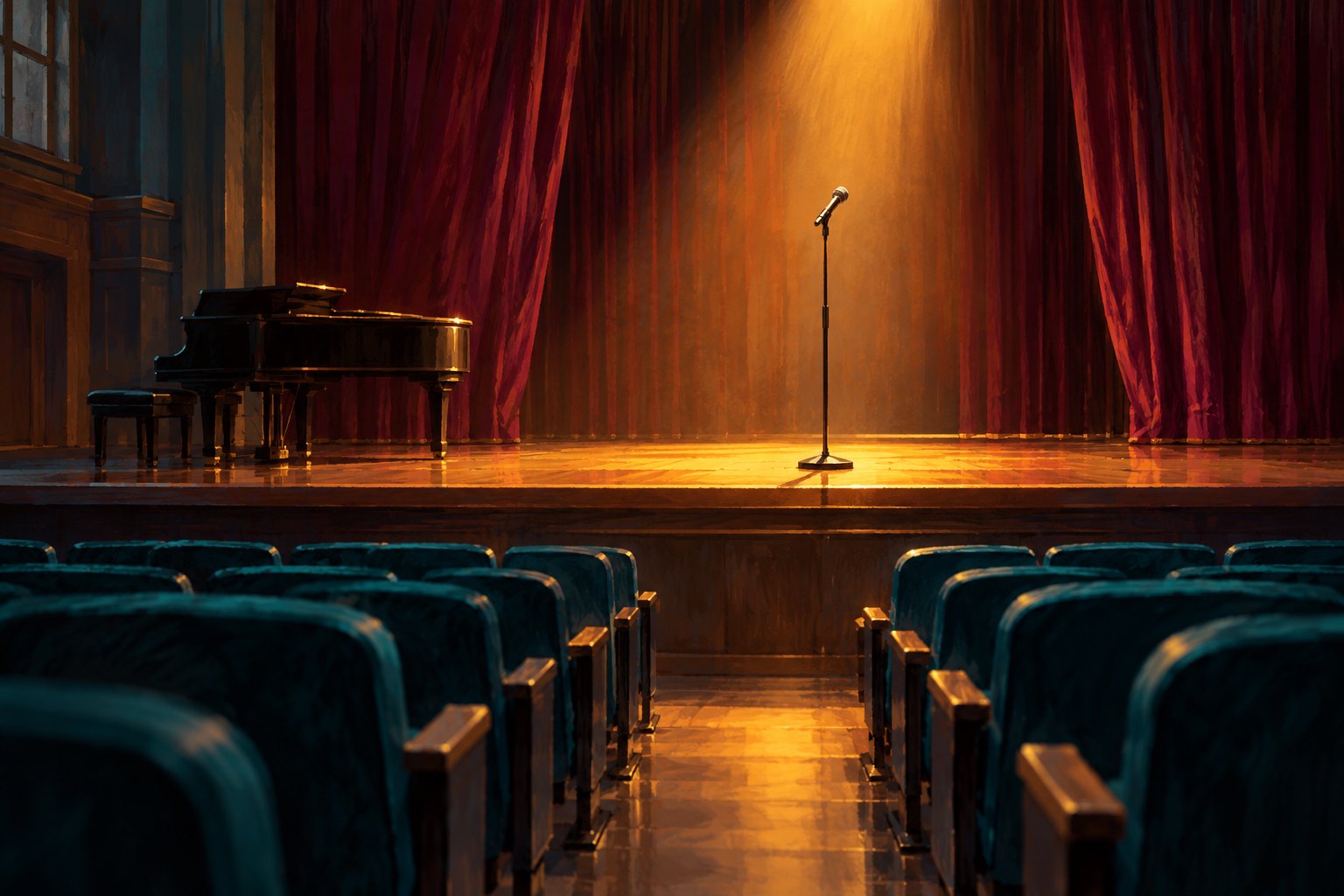 An illustrated empty school auditorium with a microphone in warm stage light, burgundy curtains, and a piano.