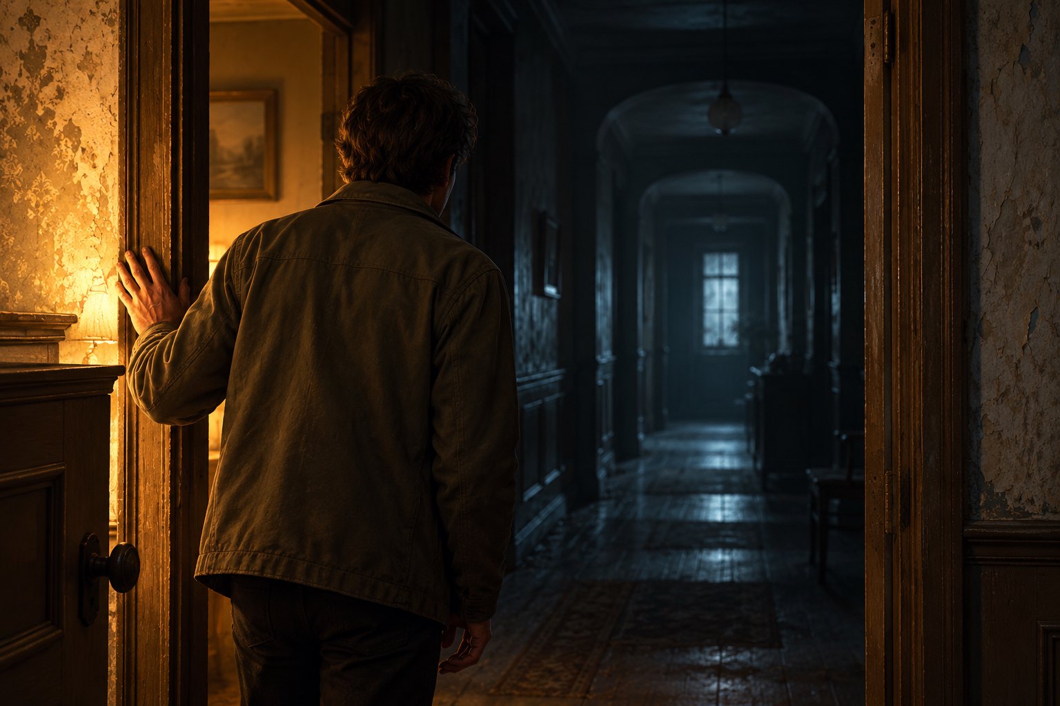 Conceptual illustration of a lone figure pausing at a doorway between a warmly lit room and a dark corridor.