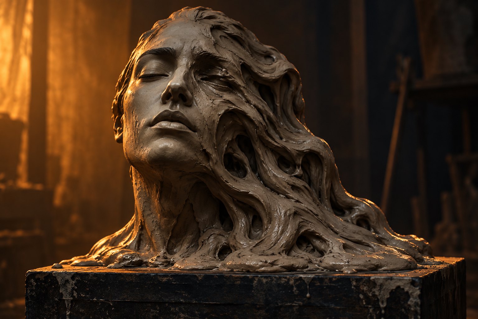 Conceptual illustration of a gray clay face dissolving into folds on a dark pedestal under amber light.