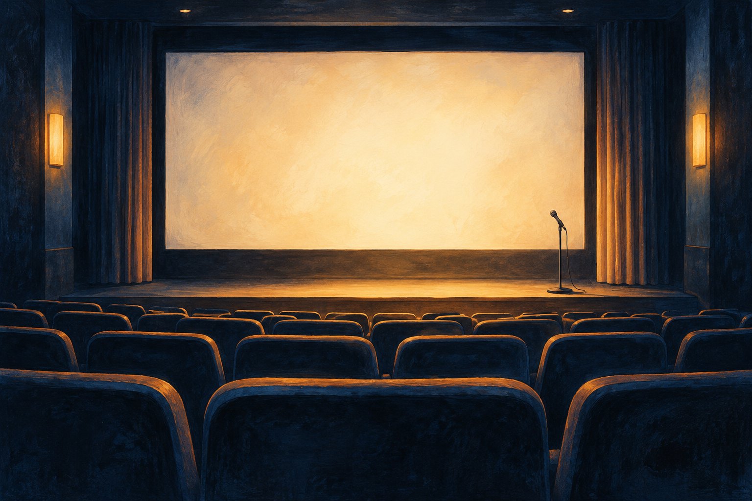 Conceptual illustration of an empty screening auditorium with a glowing blank screen and a microphone beside the stage.