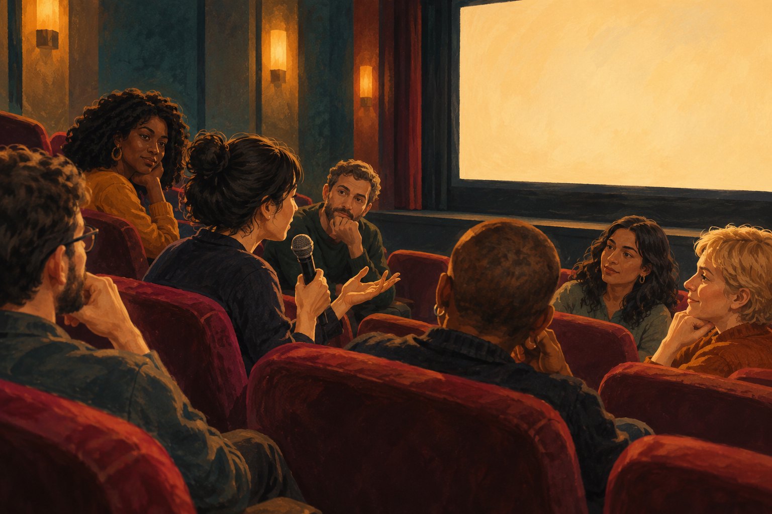 Editorial illustration of audience members discussing a film in burgundy theater seats, with one person holding a microphone.