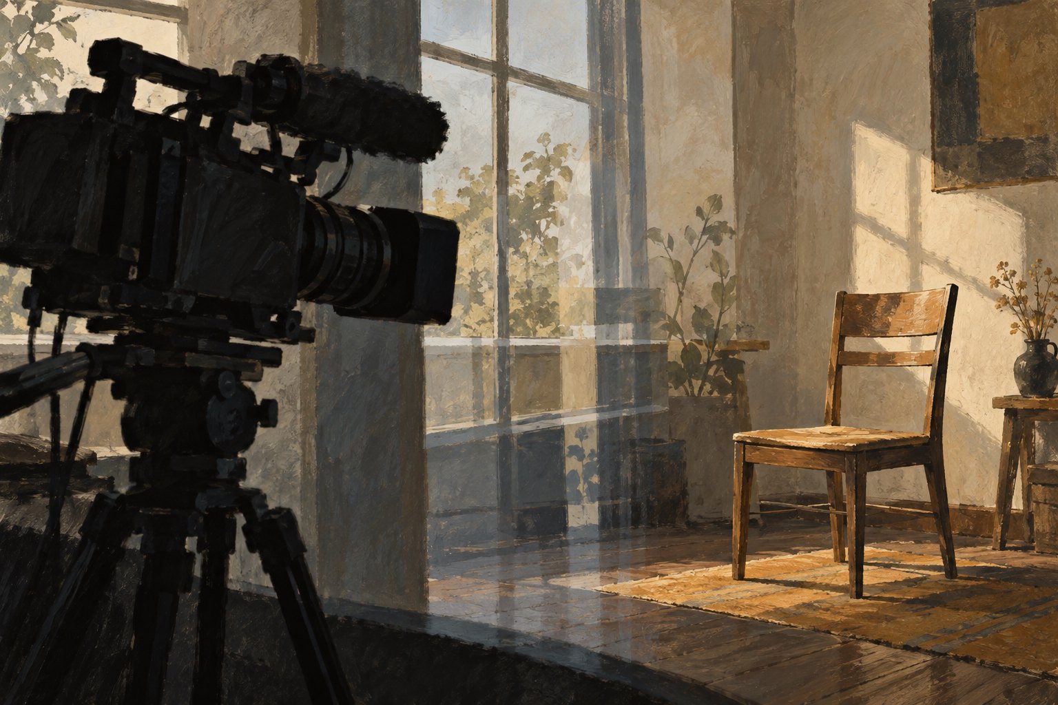 Symbolic illustration of a documentary camera facing an empty wooden chair beside a sunlit window.