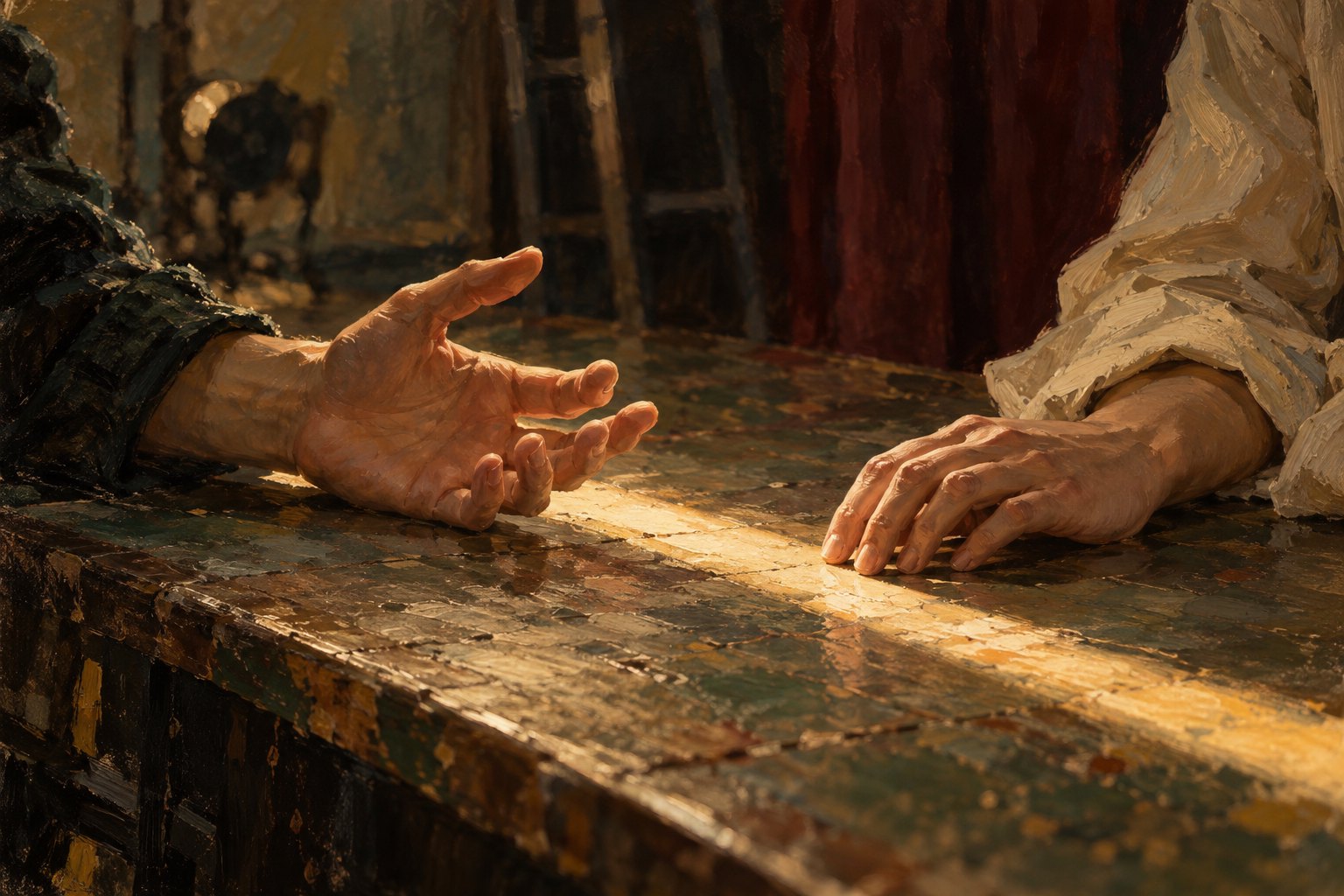 Symbolic painting of two hands exchanging a tentative gesture across a sunlit rehearsal table.