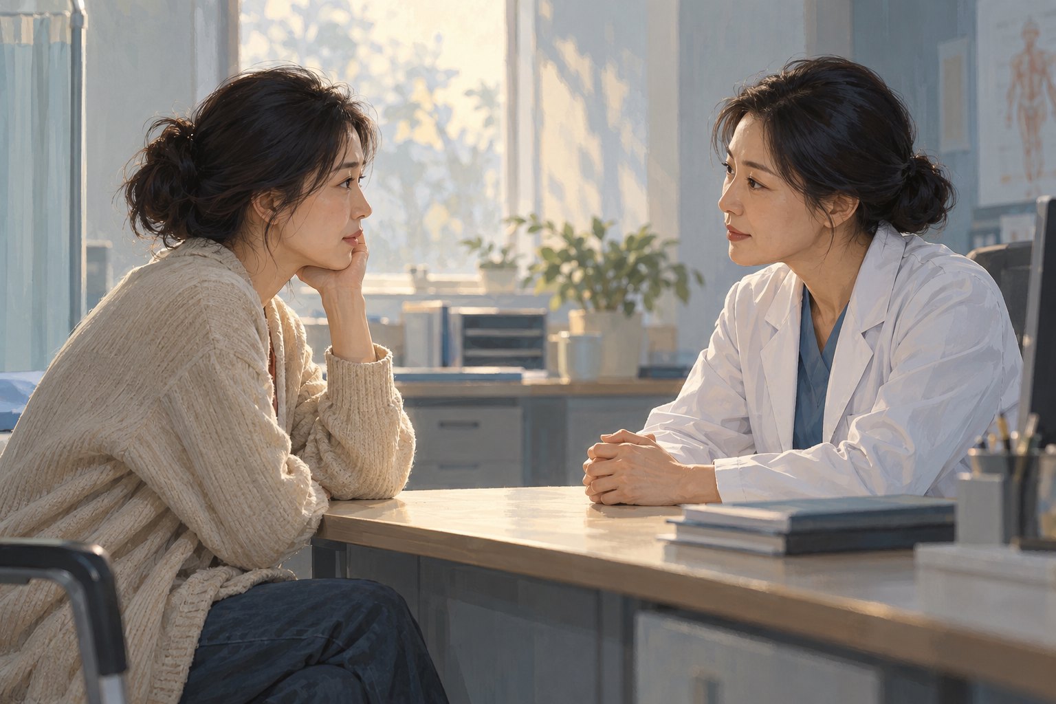 概念插画：女性医生与成年女性患者在诊室中平等对坐、专注倾听
