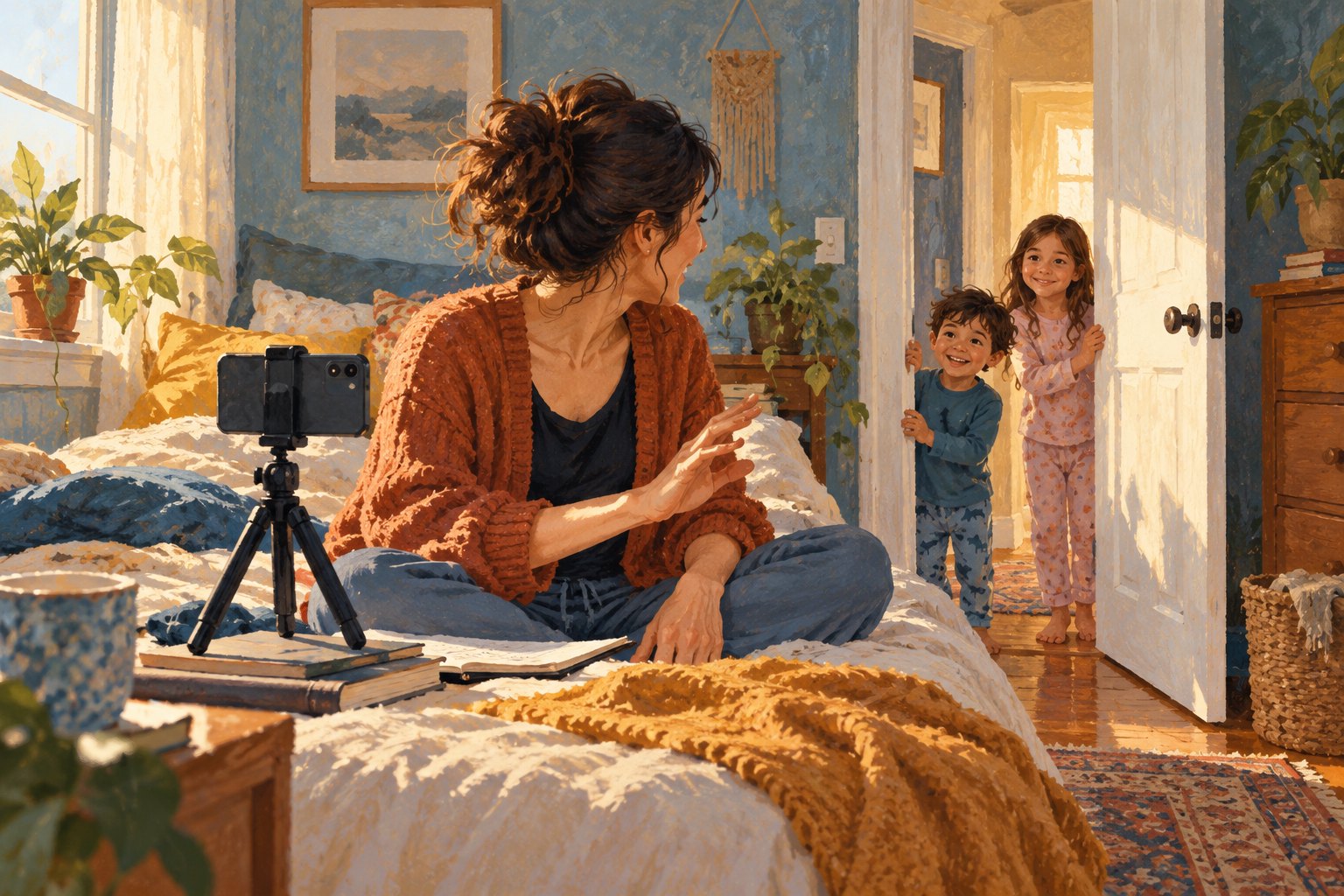 Conceptual illustration of a parent beside a phone tripod in a bedroom, turning toward two children in the doorway.