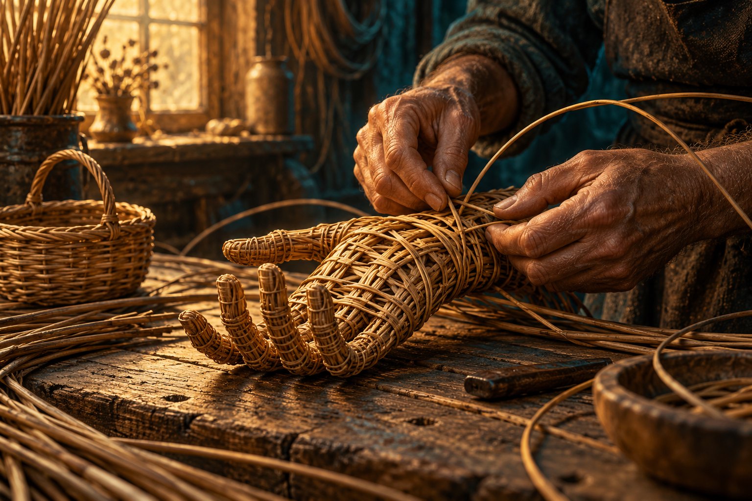 Symbolic illustration of an artisan weaving a human-shaped willow hand on a sunlit workshop bench.