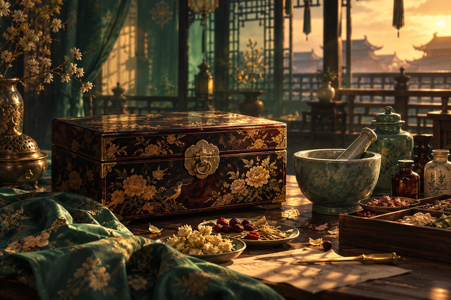 An illustrated lacquer treasure box sits beside an apothecary mortar, bottles, and dried herbs in warm lattice-window light.