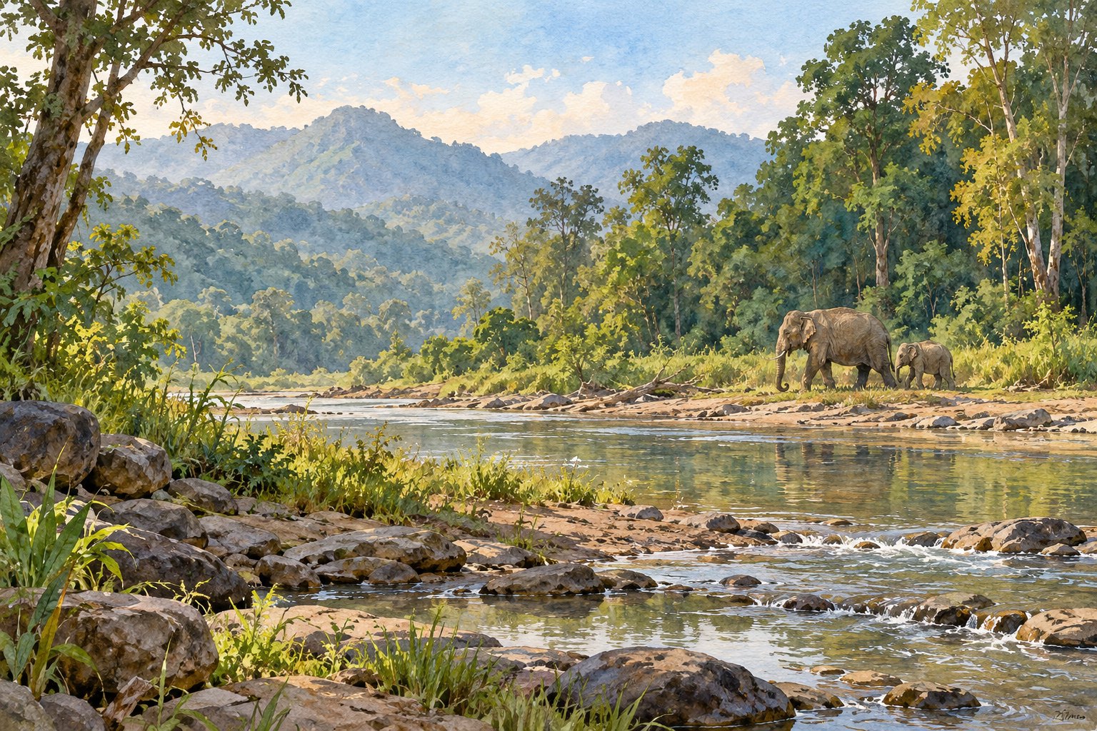 成年象与幼象沿林间溪岸行走的水彩插画，非影片剧照