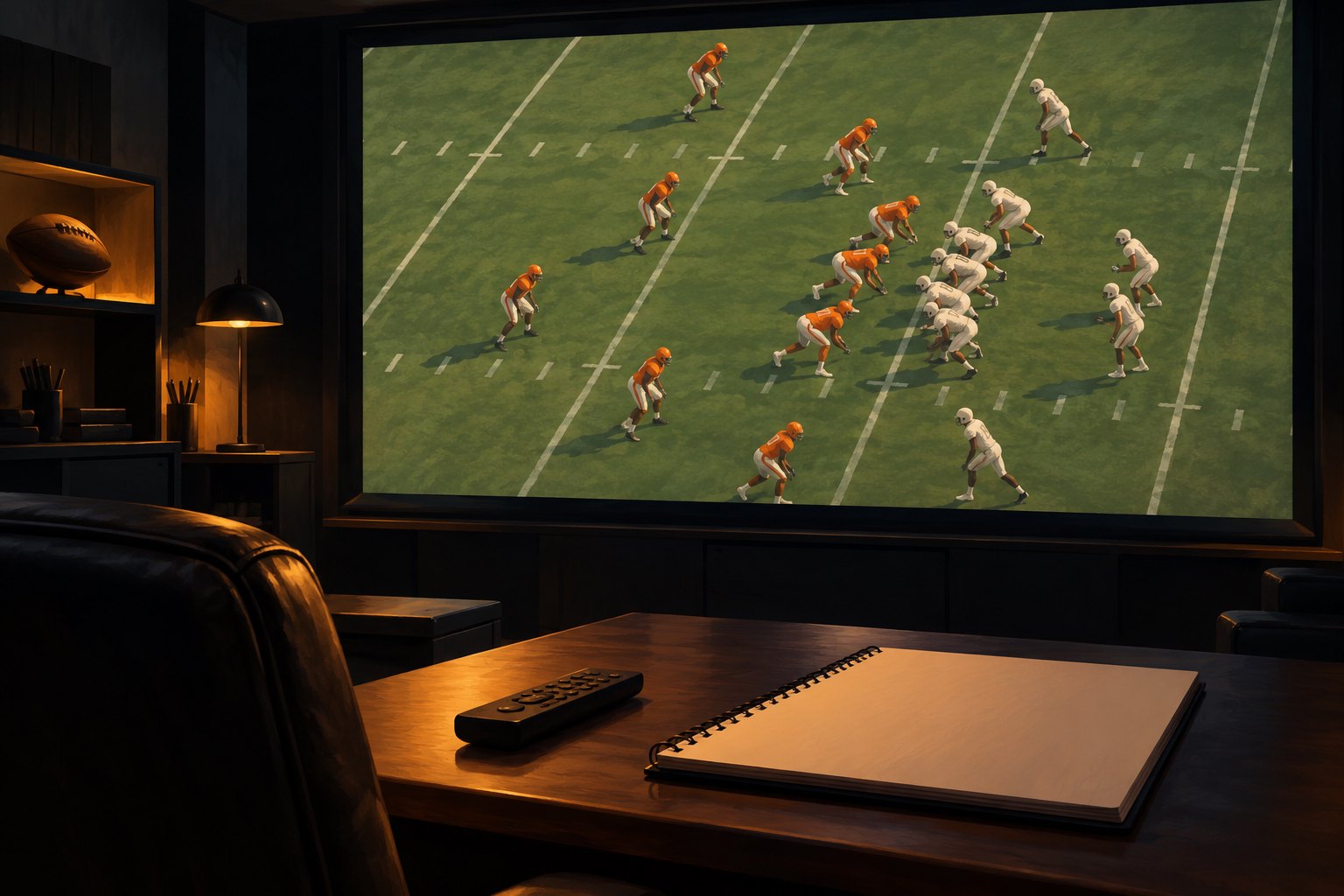 Conceptual illustration of a dark football screening room with players projected above a desk holding a remote and notebook.
