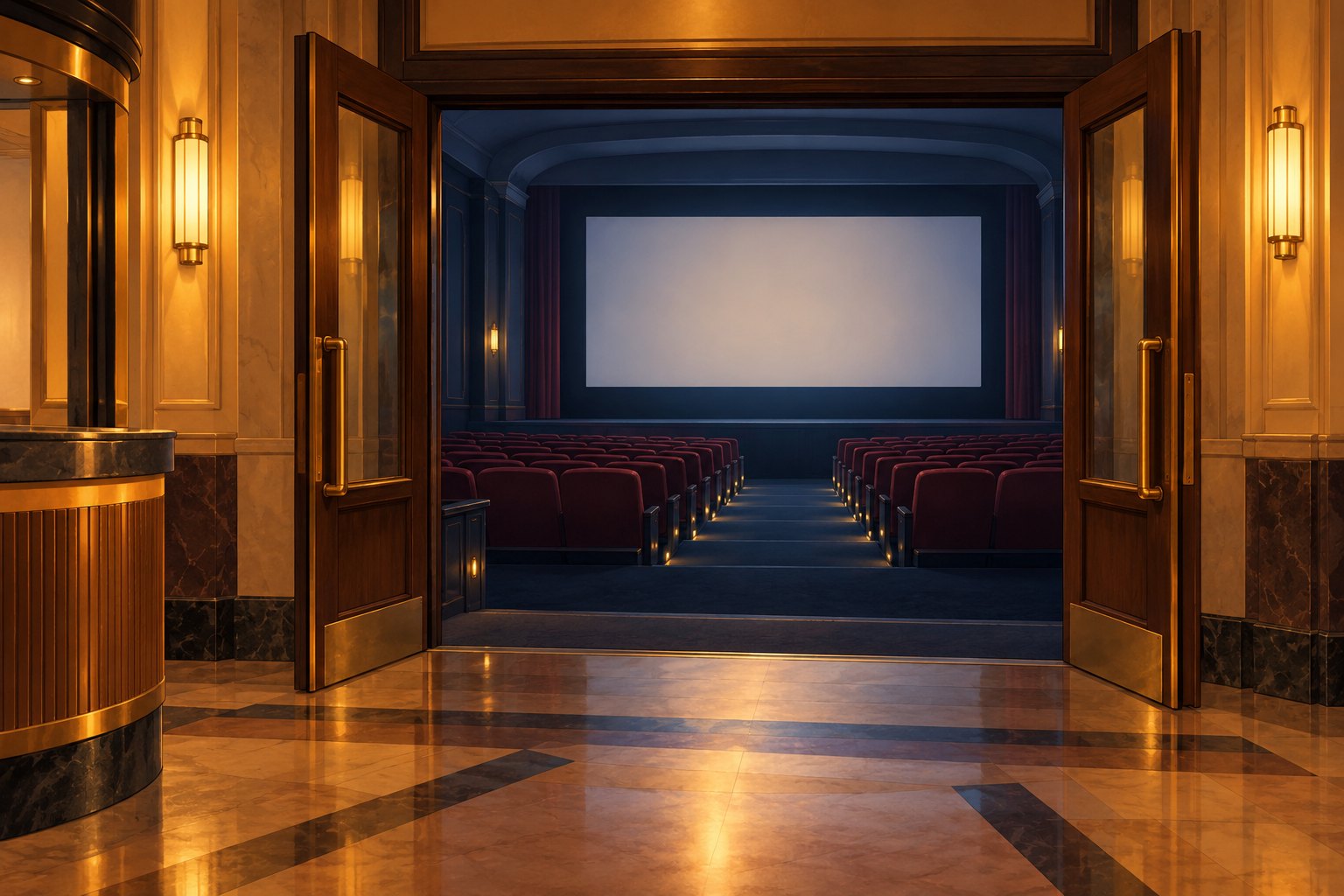 Editorial illustration of open cinema doors leading from a warmly lit lobby into an empty auditorium.