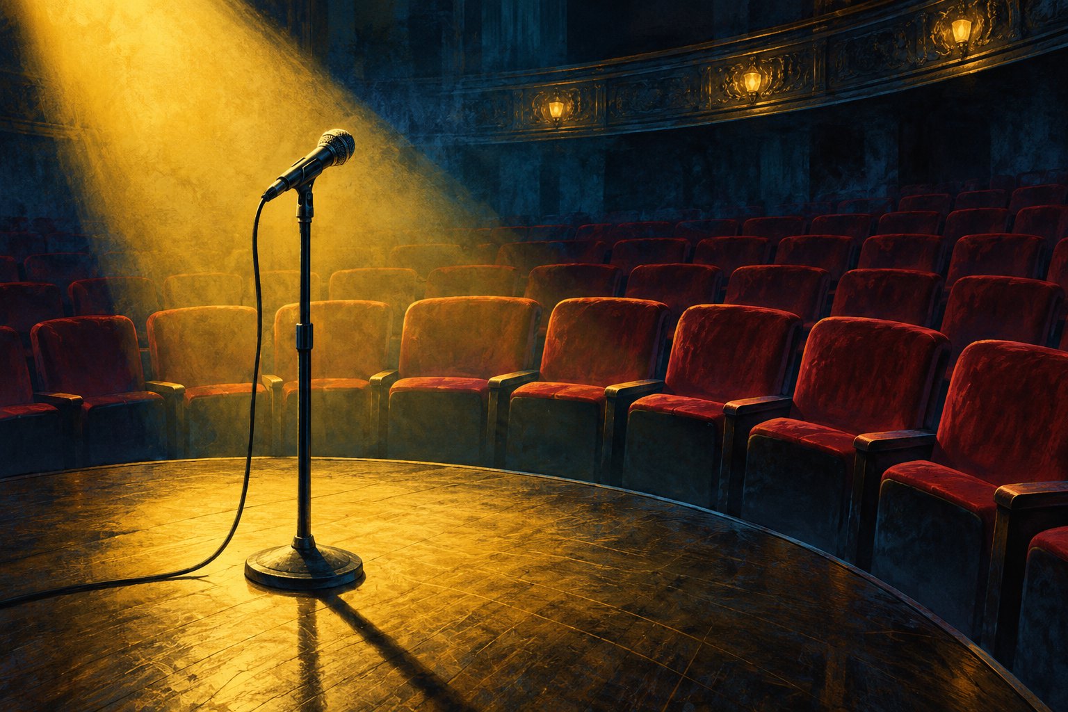 Conceptual illustration of a microphone under a yellow spotlight facing empty red theater seats.
