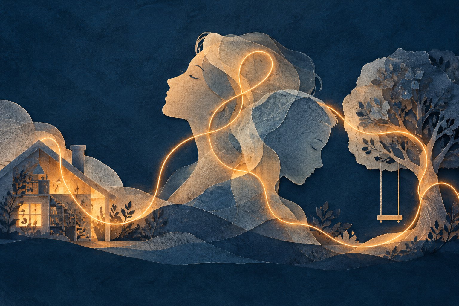 Conceptual paper-cut illustration of overlapping human profiles, a house, and a tree connected by a glowing amber thread.