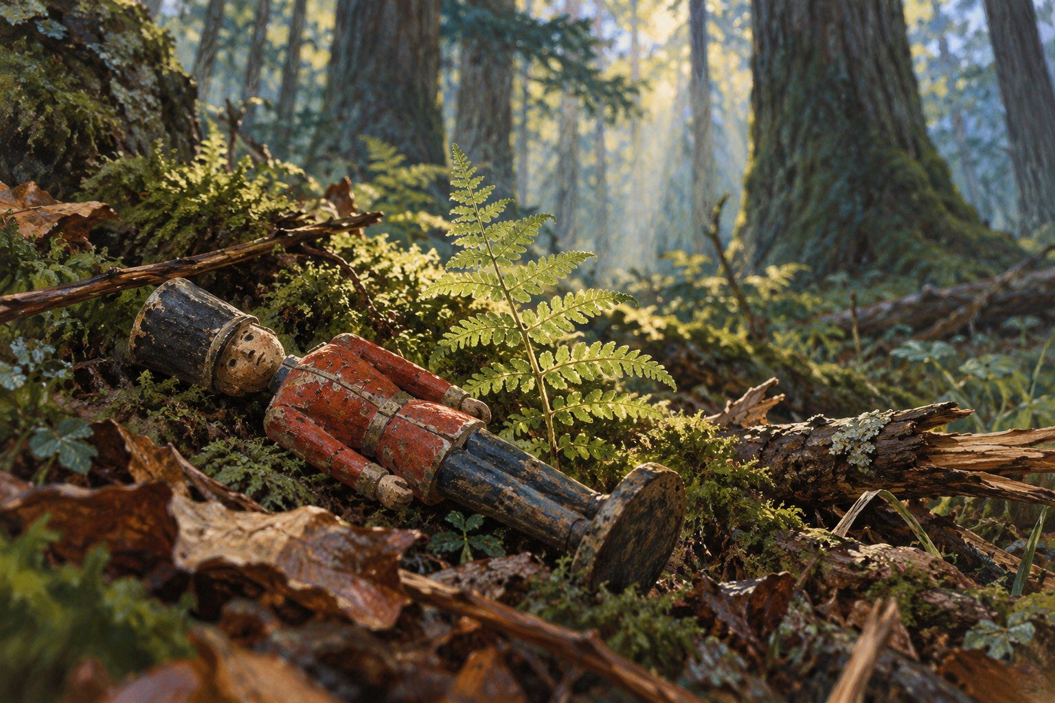 A weathered toy soldier lies beside a sunlit fern on a mossy forest floor in a conceptual illustration.