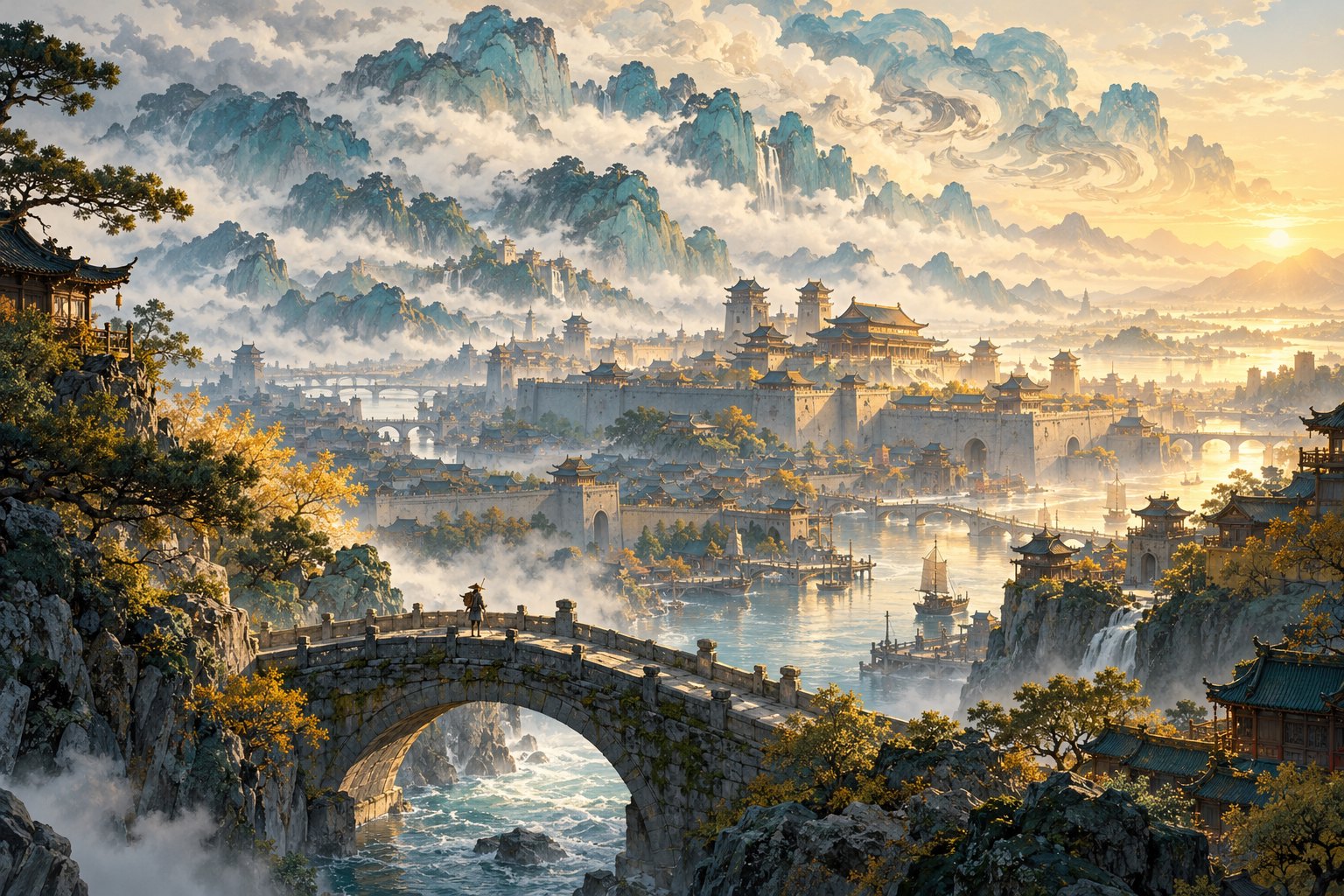 古代风格城郭、河流与水墨远山交织,石桥上的旅人置身辽阔天地的概念插画