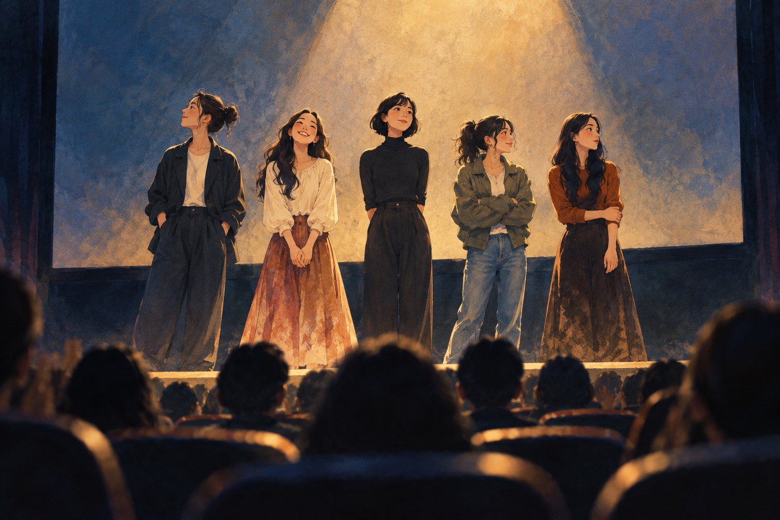 五名女孩并肩站在暖色灯光下,前景为观众背影的主题插画,非路演现场