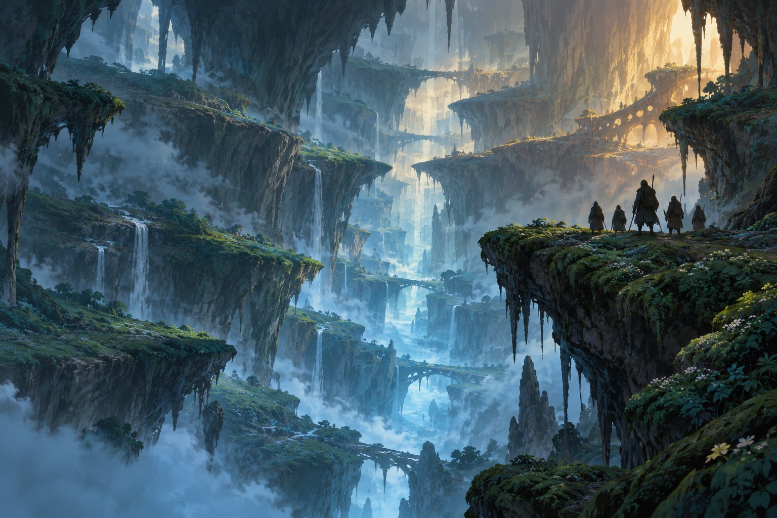 Conceptual illustration of cloaked explorers overlooking a vast, mist-filled cavern with mossy ledges and golden light.