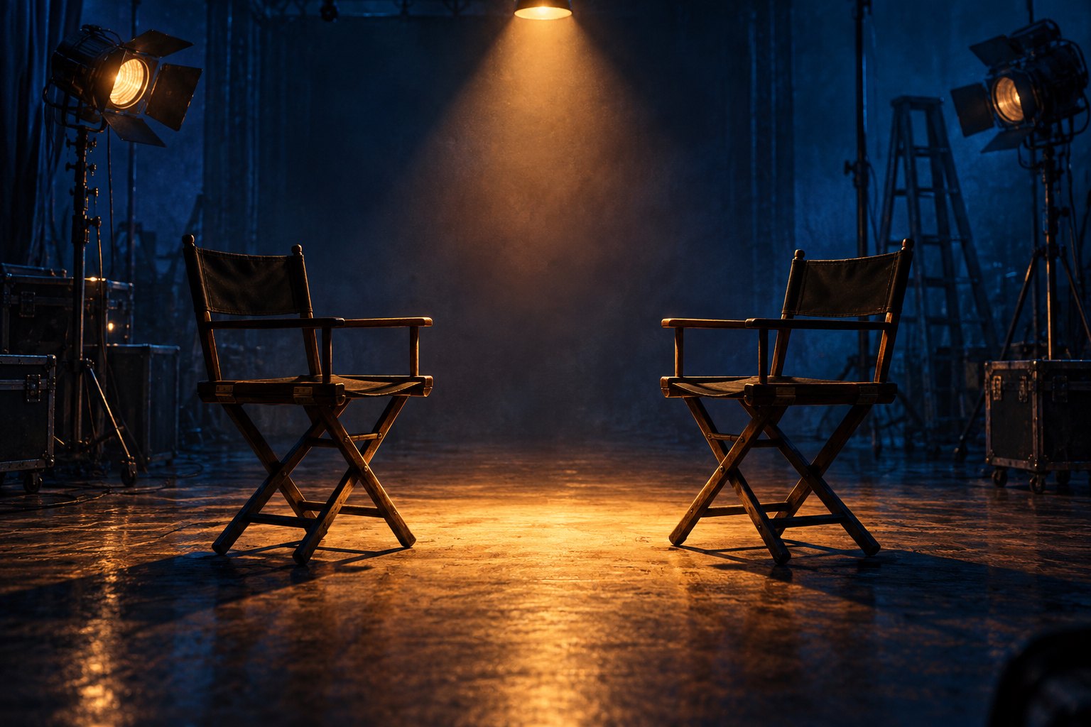 Conceptual illustration of two empty actors’ chairs facing each other under amber light on a dark blue soundstage.