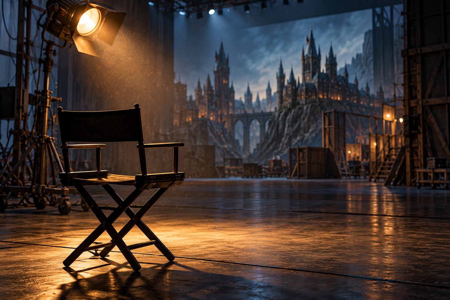 Conceptual illustration of an empty director’s chair under a warm studio light beside a dark Gothic city set.