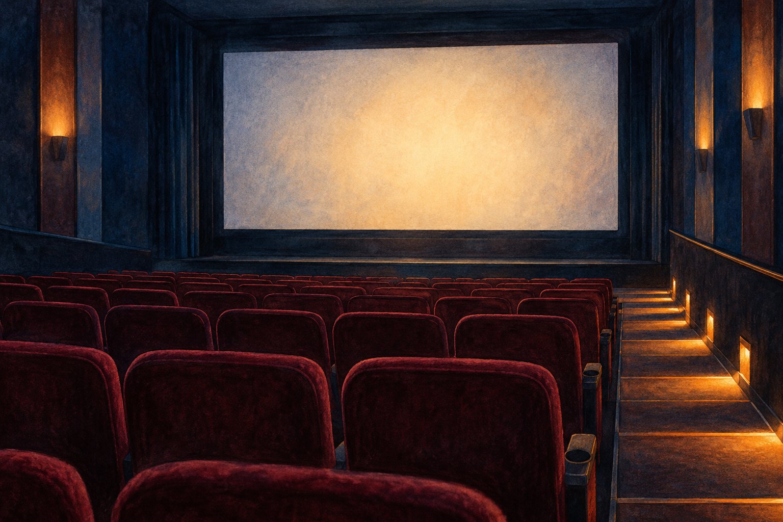Editorial illustration of an empty movie auditorium with burgundy seats, a glowing blank screen, and warm aisle lighting.