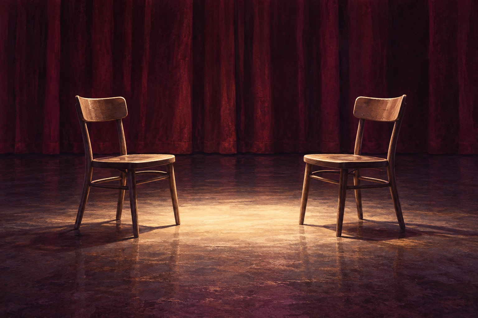 Conceptual illustration of two empty wooden chairs sharing a pool of light in front of a burgundy theater curtain.