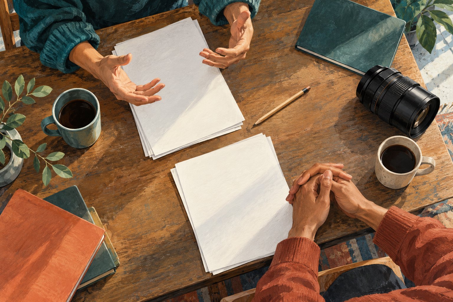 Conceptual overhead illustration of collaborators’ hands around blank pages, a pencil, and a camera lens on a wooden table.