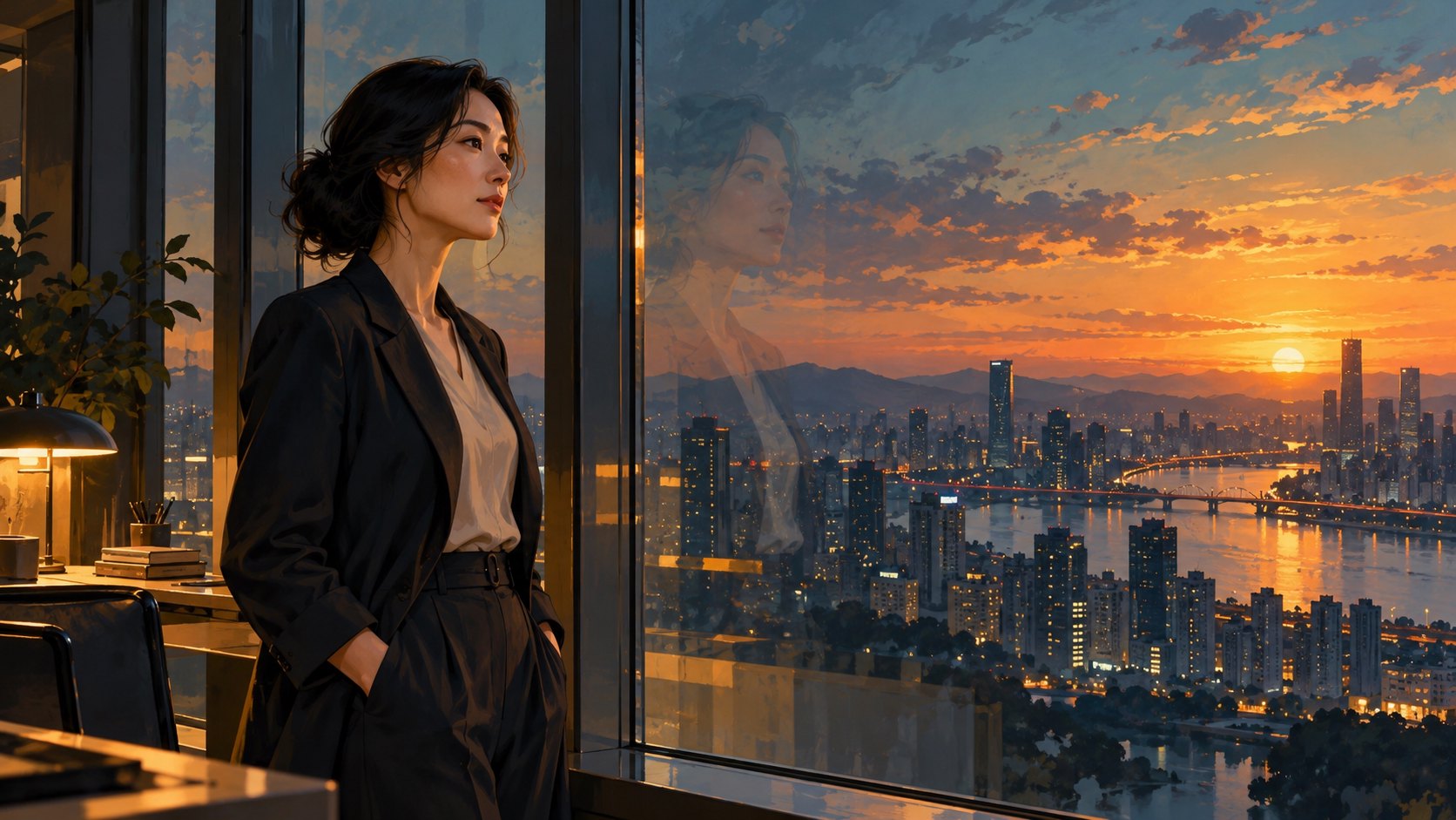 原創概念插畫:一名女性站在辦公室落地窗前,望向夕陽下的城市與玻璃中的倒影