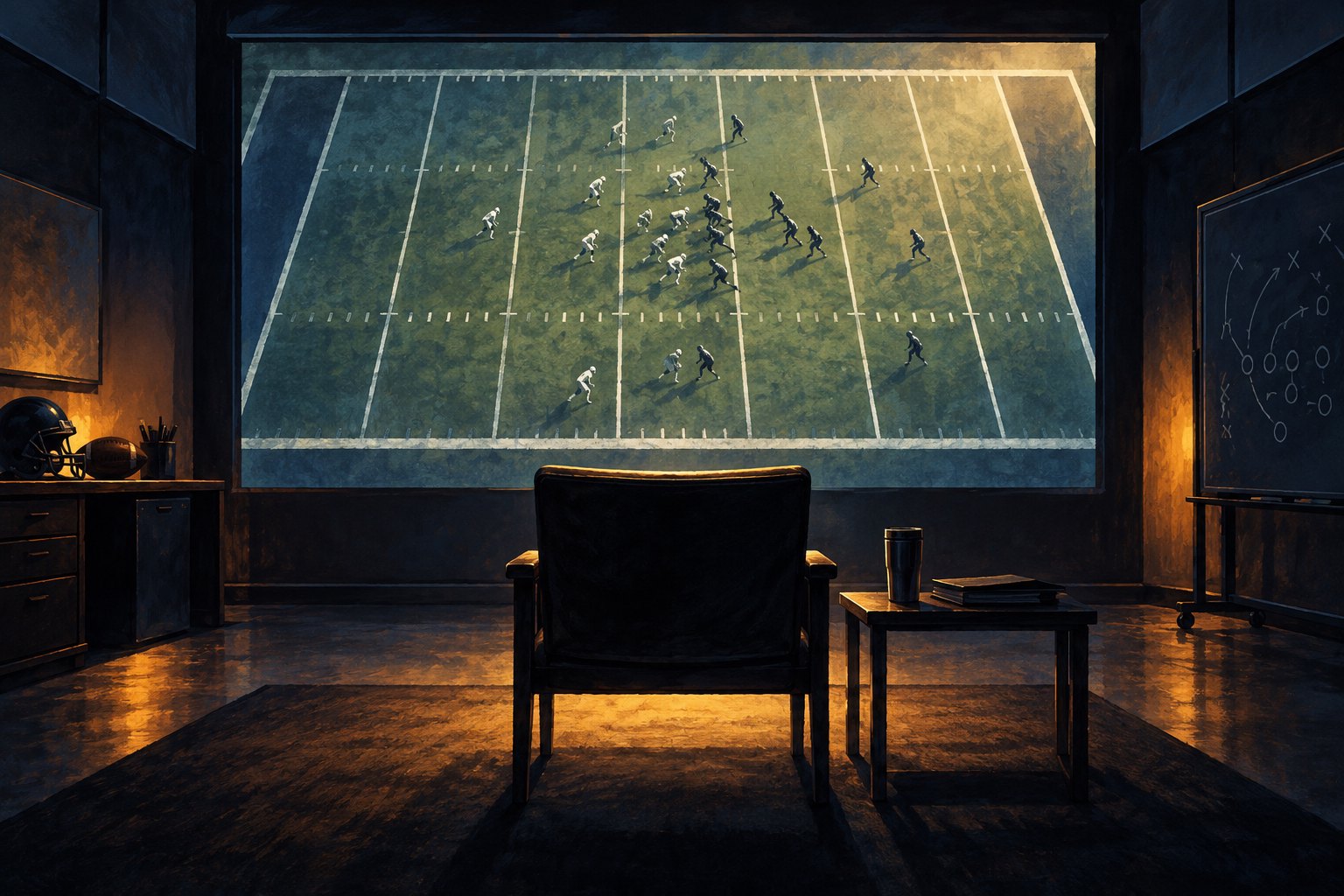 Conceptual illustration of an empty film study room facing a projected football field.