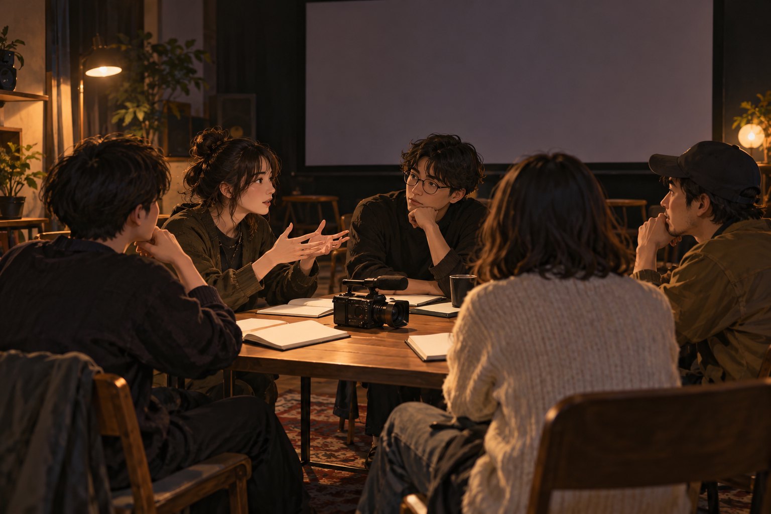 年轻创作者与观众围坐交流电影,桌上摆着摄影机和空白笔记本的概念插画