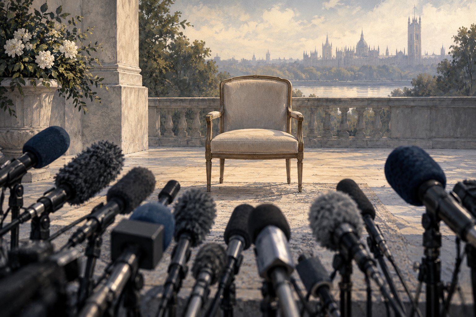 Symbolic editorial illustration of press microphones facing an empty chair in a softly lit room.