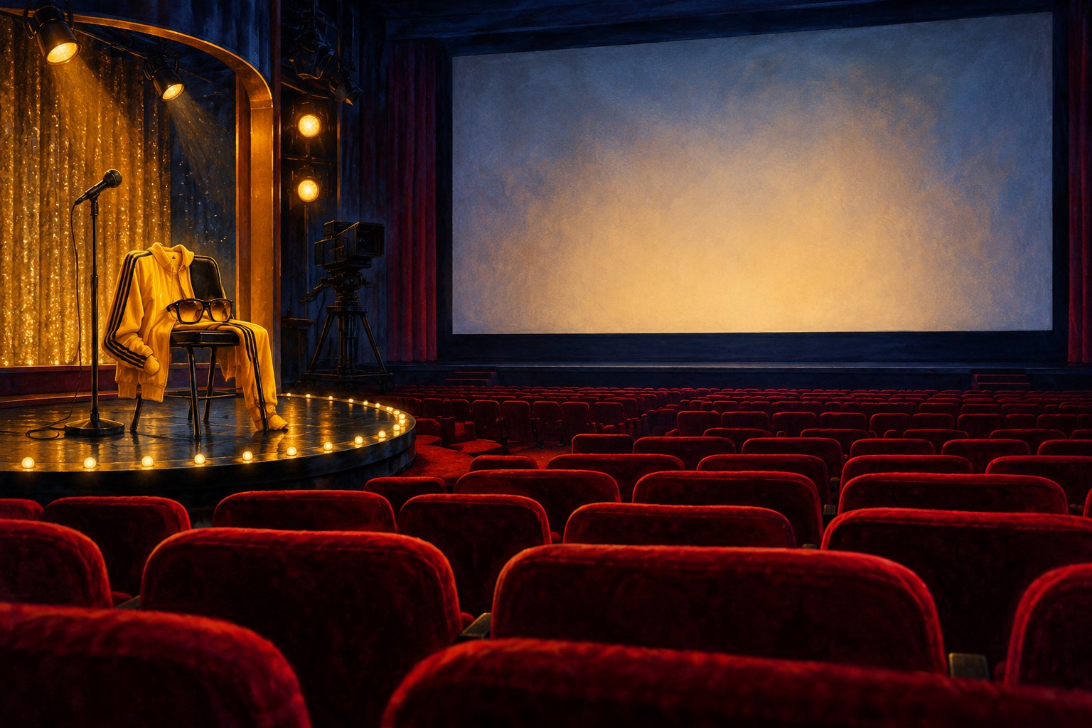 Conceptual illustration of a yellow tracksuit and sunglasses on a stage chair beside a large screen in an empty movie theater.
