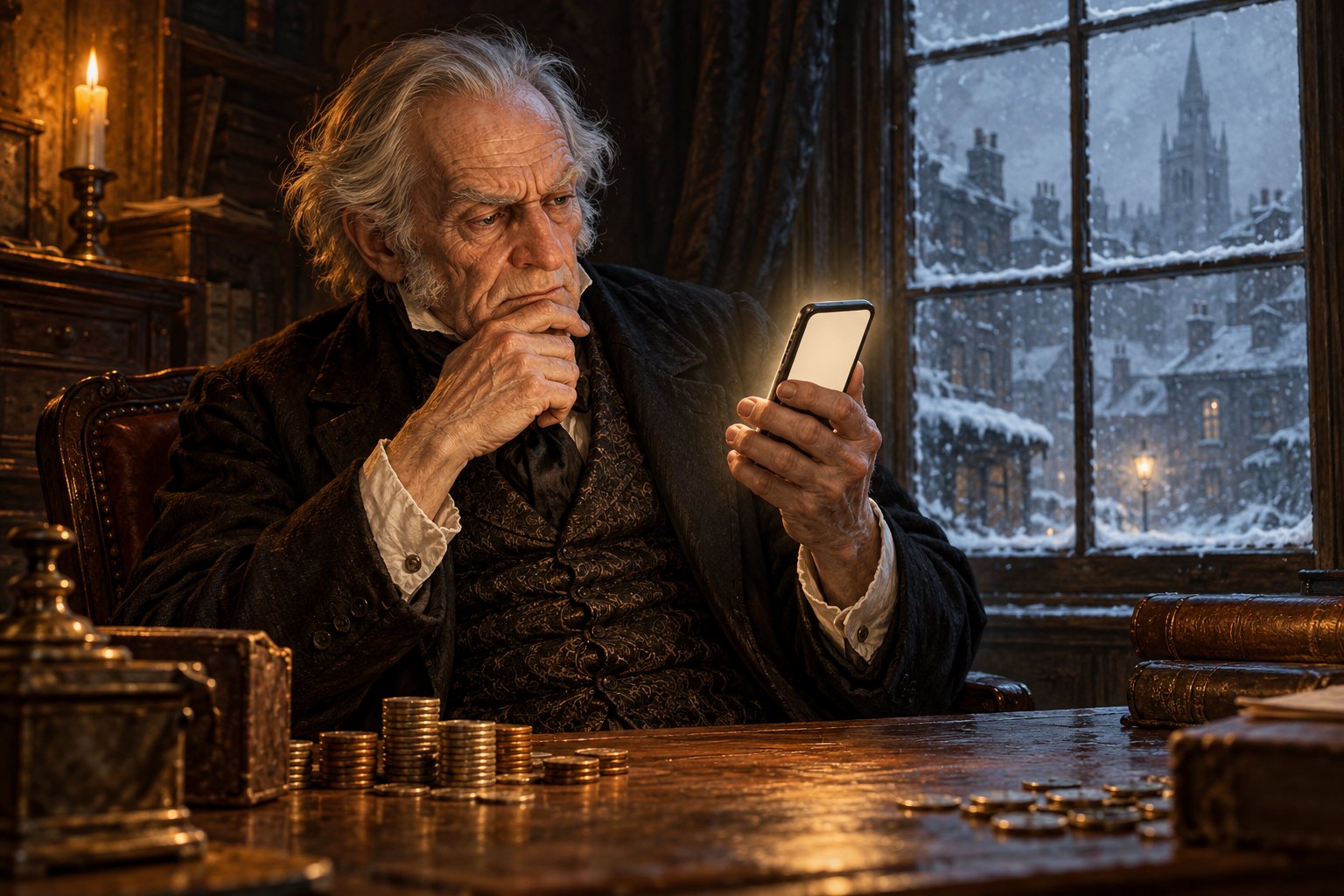 An illustrated Victorian miser studies a glowing smartphone beside stacks of coins and a snowy window.