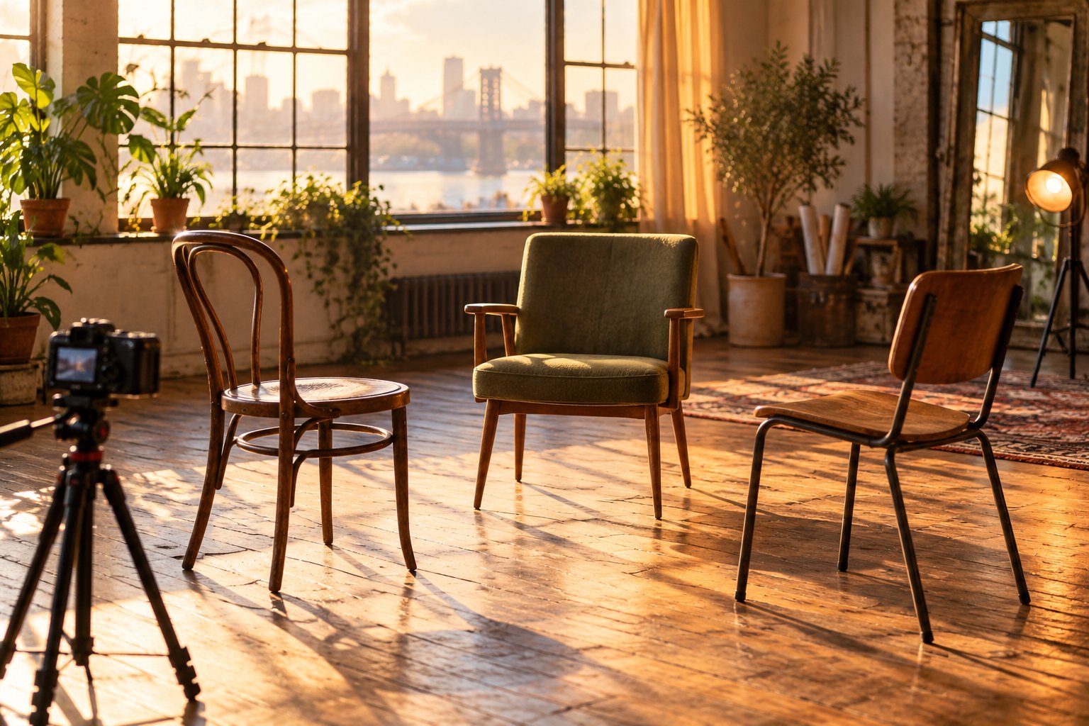 Conceptual illustration of three empty chairs arranged for a rehearsal in a sunlit studio, with a camera in the foreground.