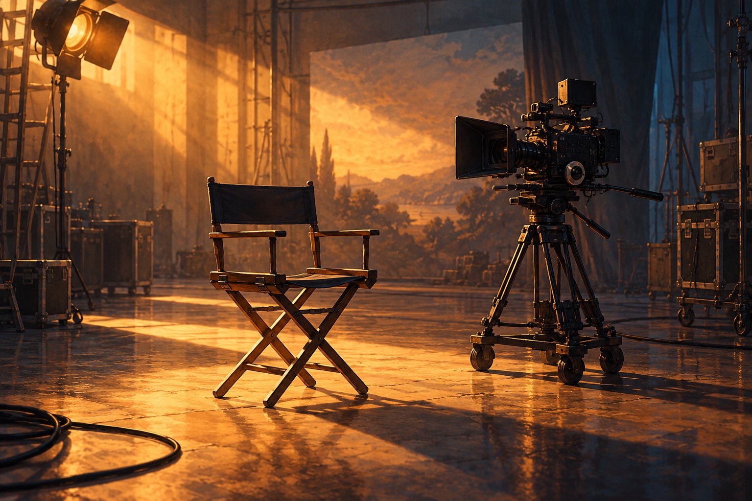Conceptual illustration of an empty actor’s chair beside a cinema camera in warm light on a quiet soundstage.