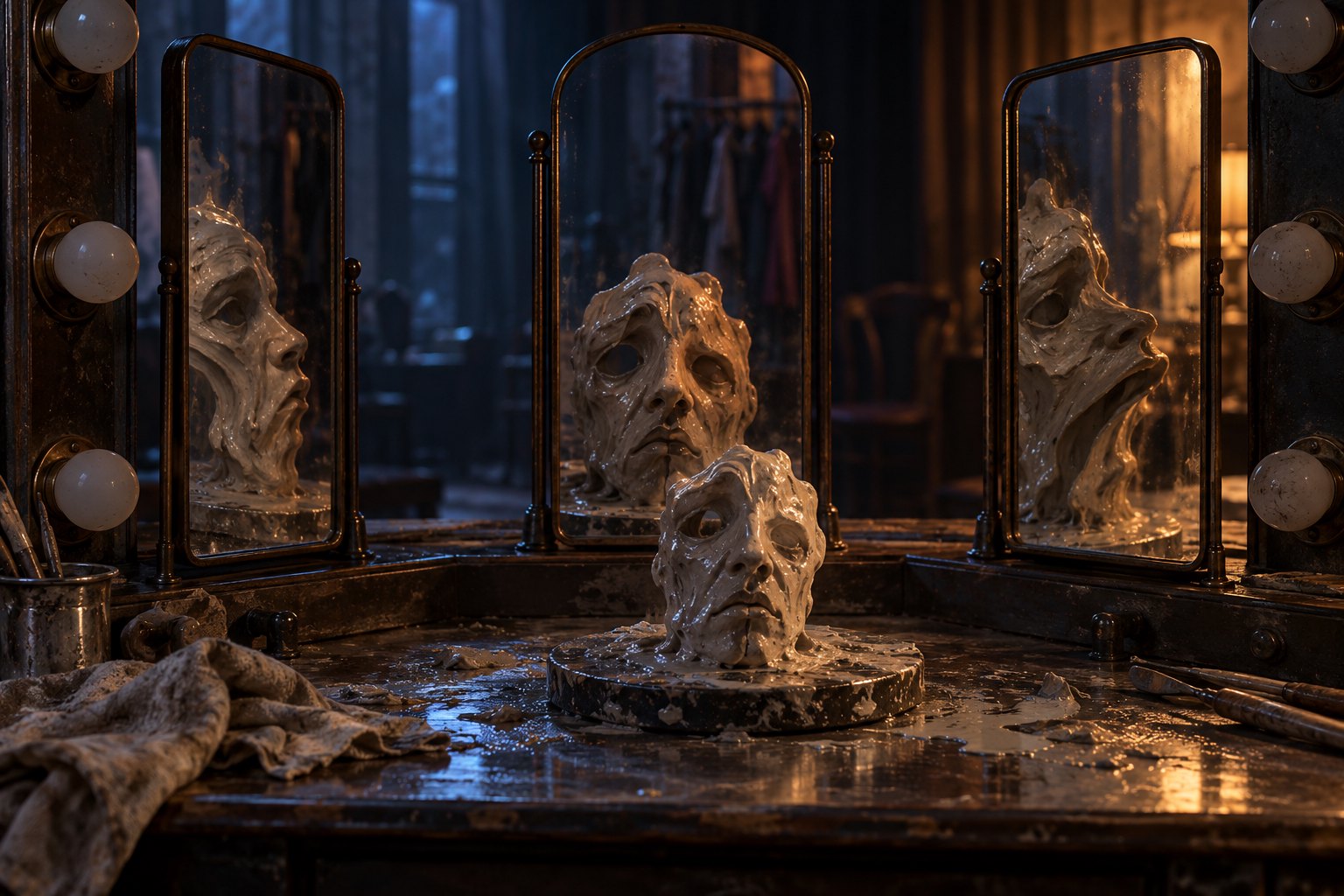 Conceptual dressing-room illustration of a wet clay face reflected in three mirrors under blue and amber light.