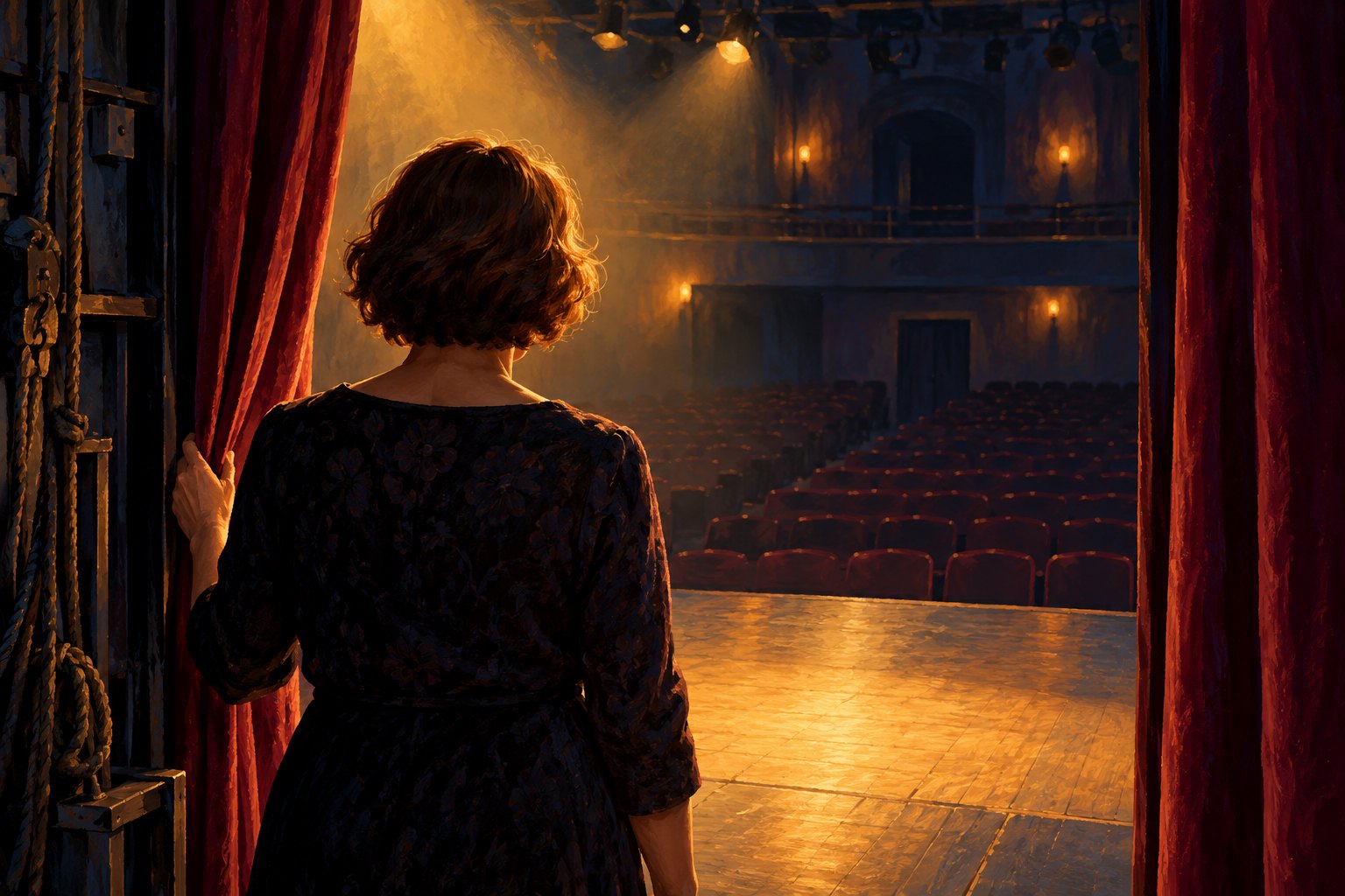 Conceptual illustration of a woman waiting beside burgundy theater curtains and looking toward an illuminated stage and empty seats.