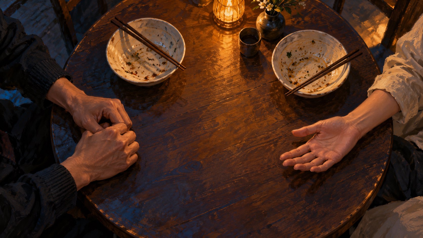 概念插畫:兩人隔著放有餐碗的圓桌,一方緊握雙手,另一方攤開手掌,呈現對峙與溝通的可能,非電影劇照