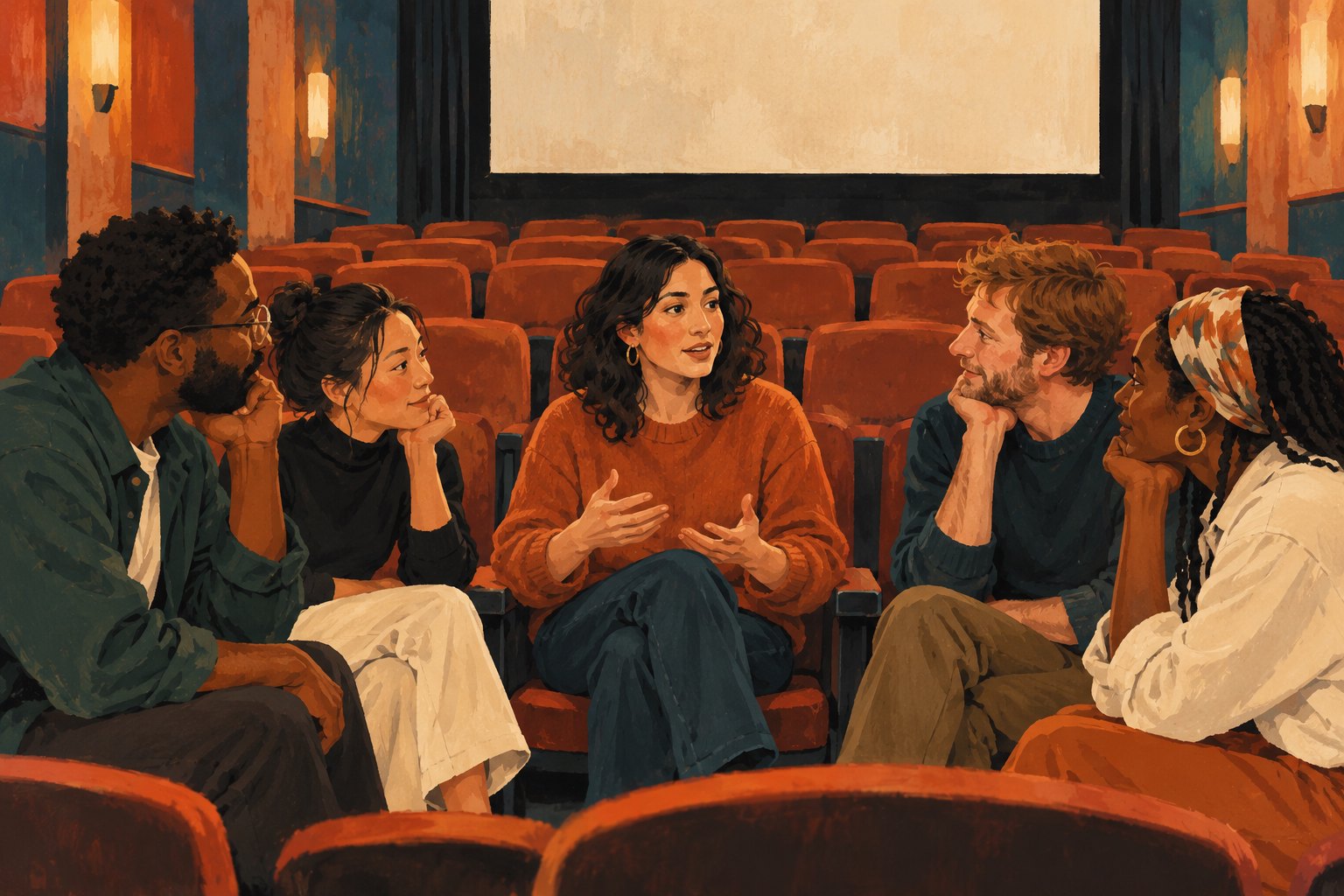 Editorial illustration of five moviegoers discussing a film among rows of orange theater seats.