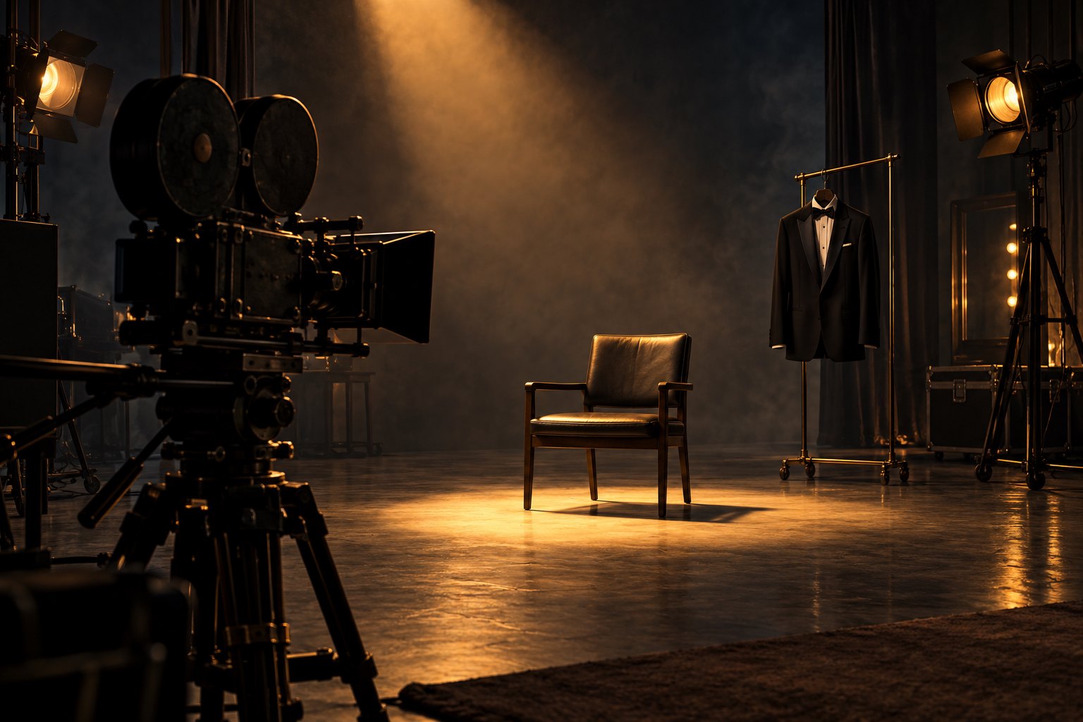 Conceptual illustration of an empty audition chair under warm studio lights, with a film camera and a dinner jacket nearby.