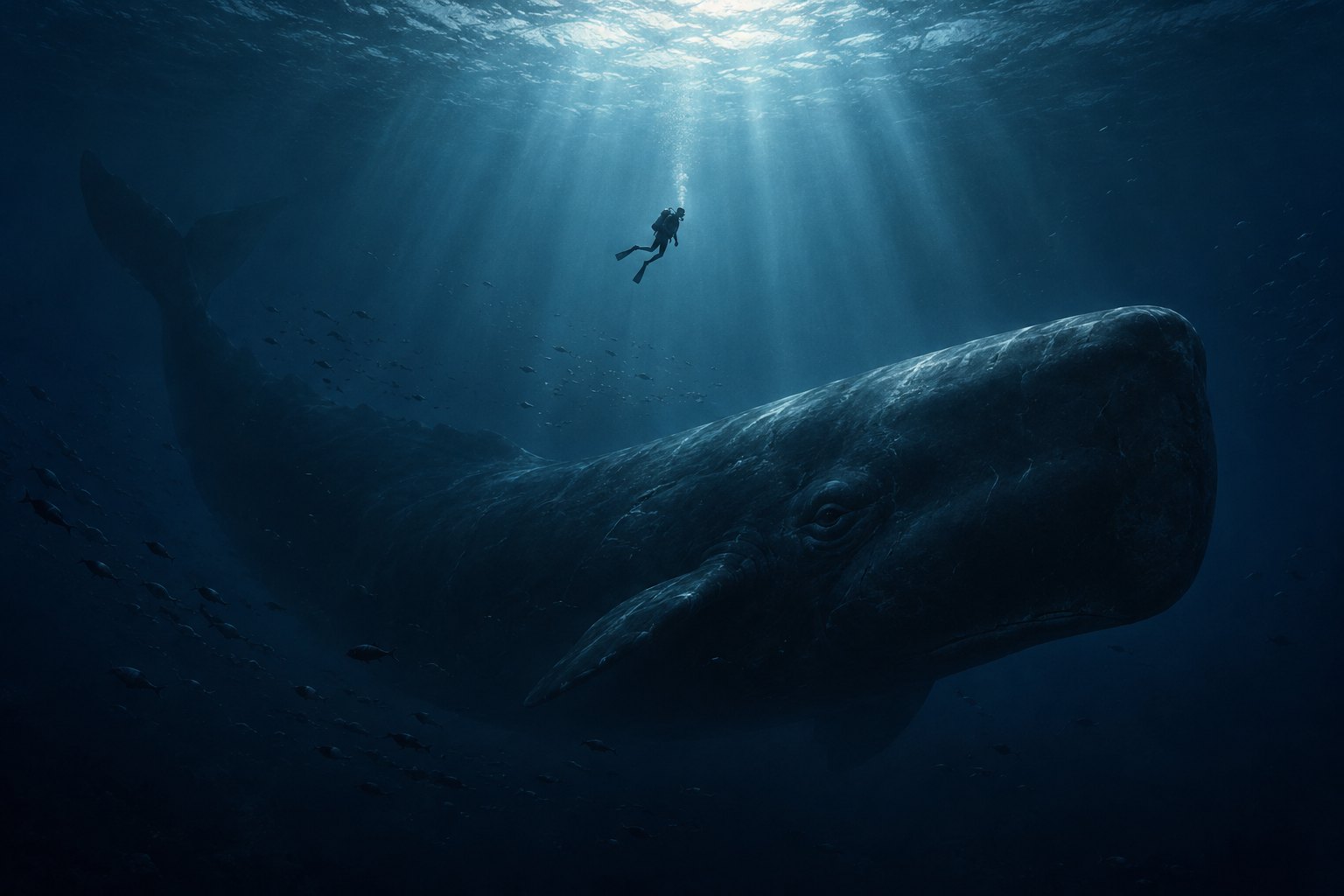 Concept illustration of a lone scuba diver suspended above a massive sperm whale in deep blue water.