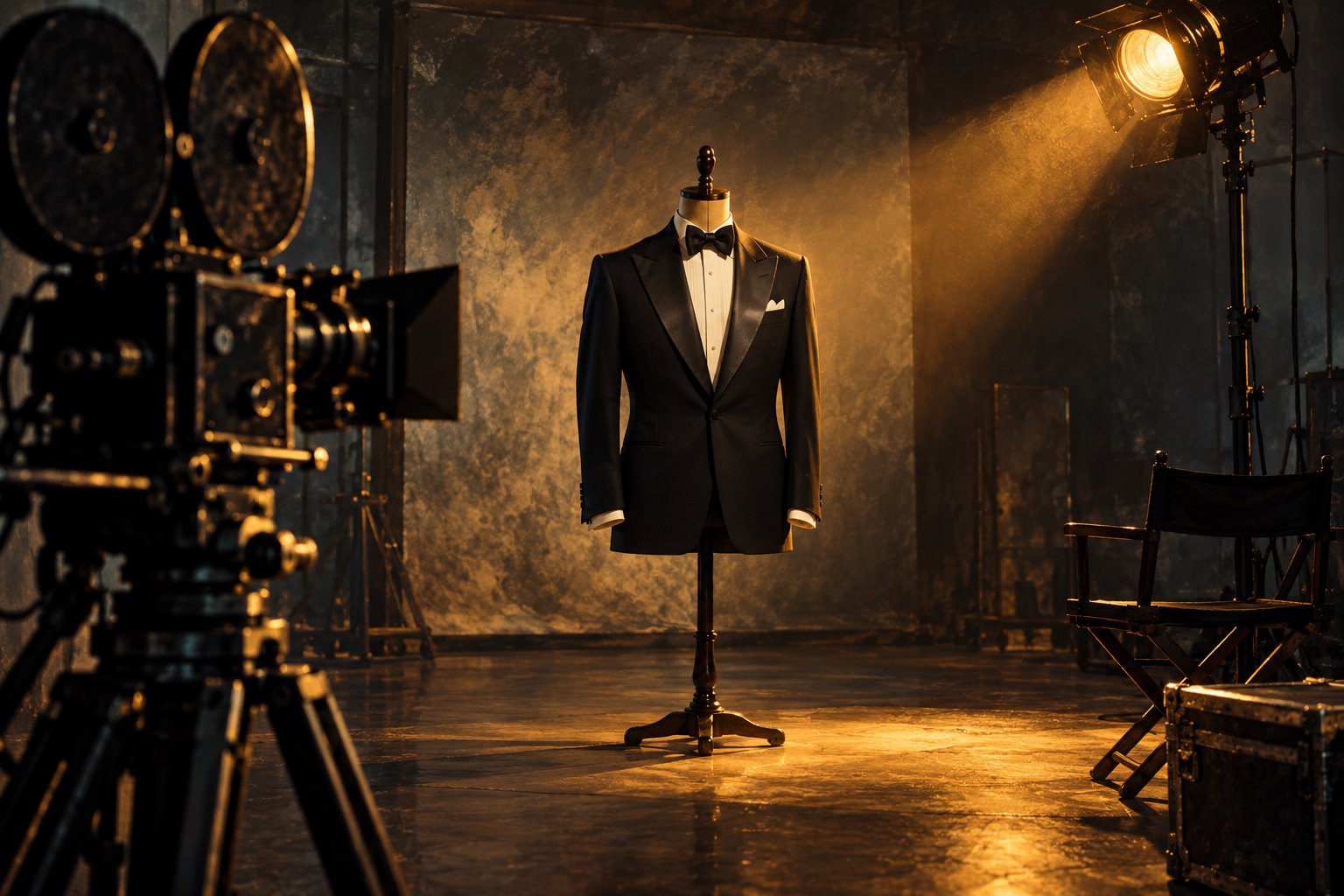 Concept illustration of a tuxedo on a mannequin under a warm spotlight beside a film camera in a dark studio.