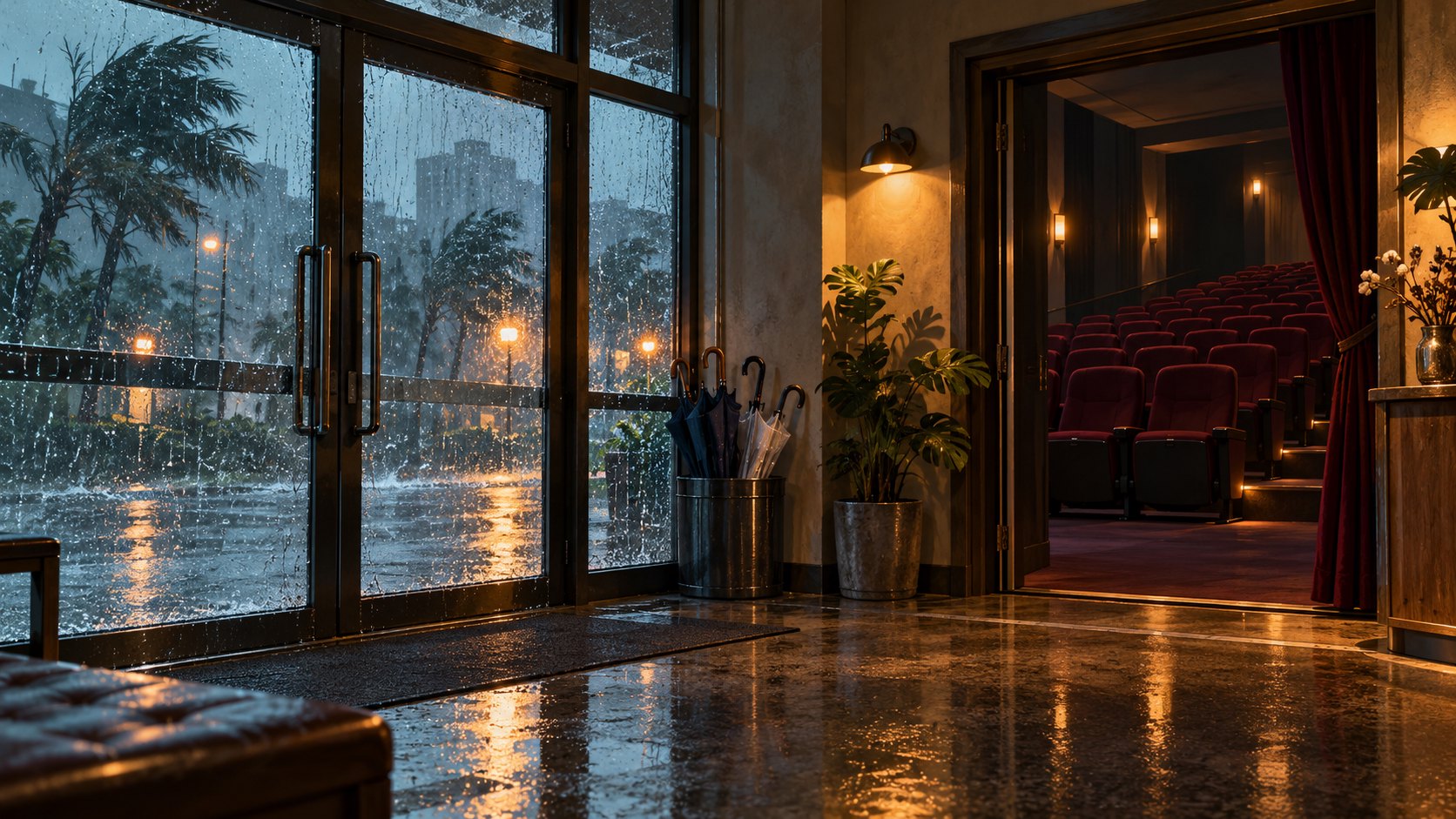 雨水覆上想像中的電影院玻璃門,空蕩前廳與酒紅色座椅呈現停映氛圍的示意插畫