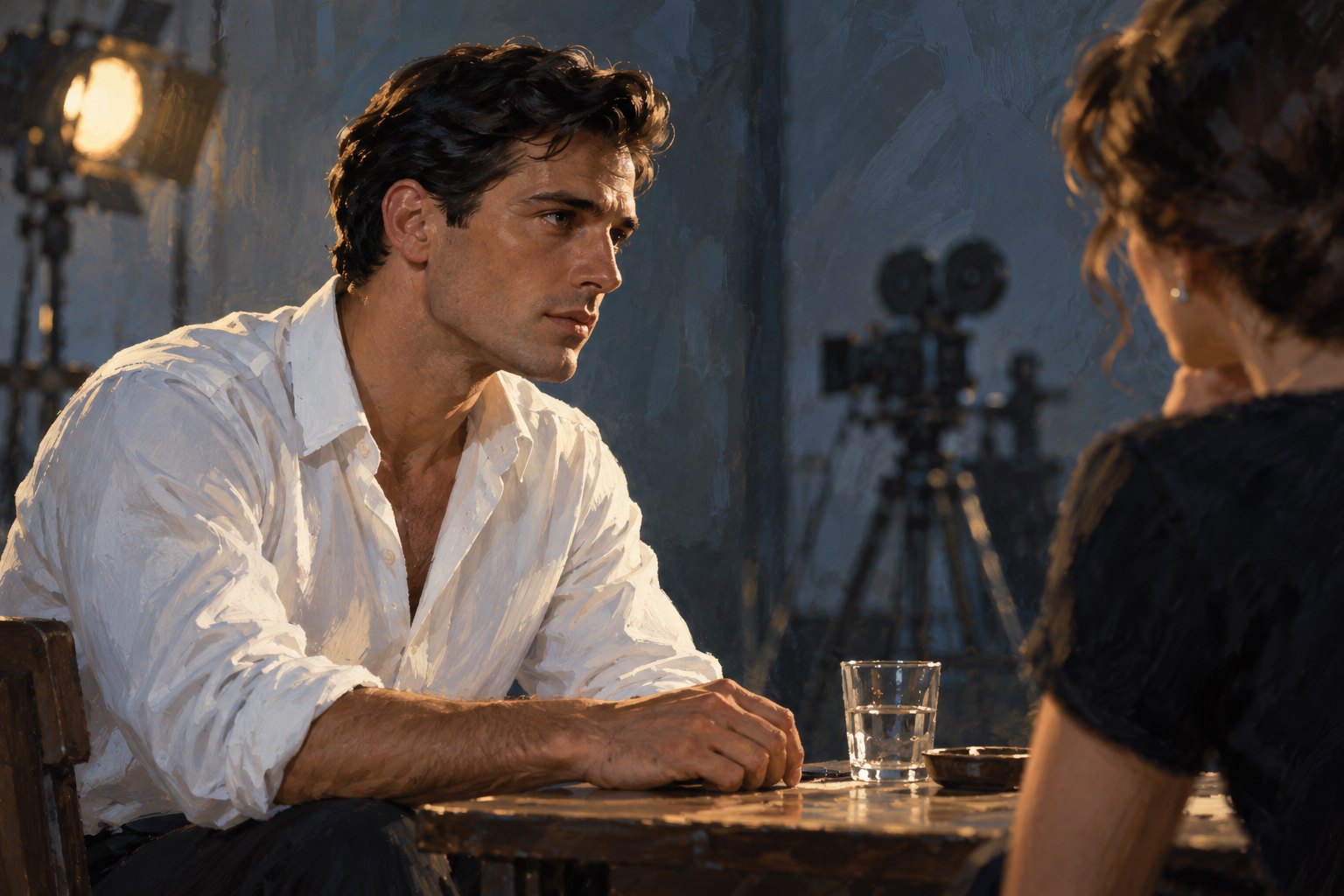 Concept illustration of a fictional actor in a white shirt listening intently to a scene partner during a screen test.