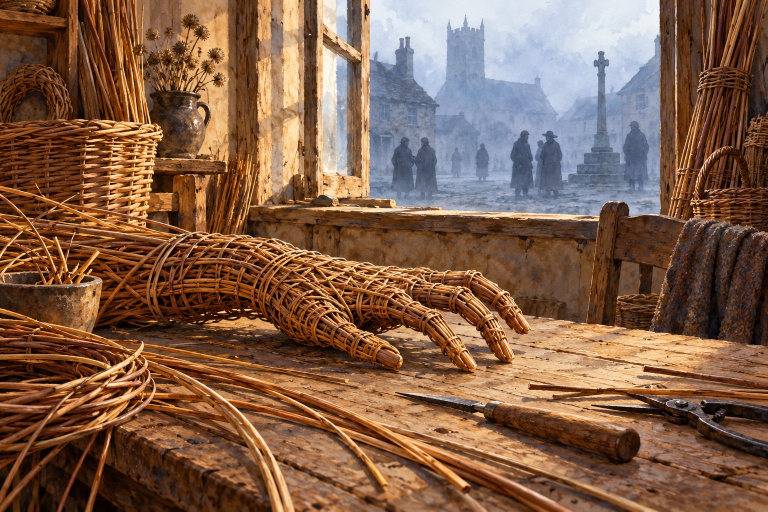 Conceptual illustration of an unfinished willow hand on a basketmaker’s worktable, with distant villagers beyond an open window.