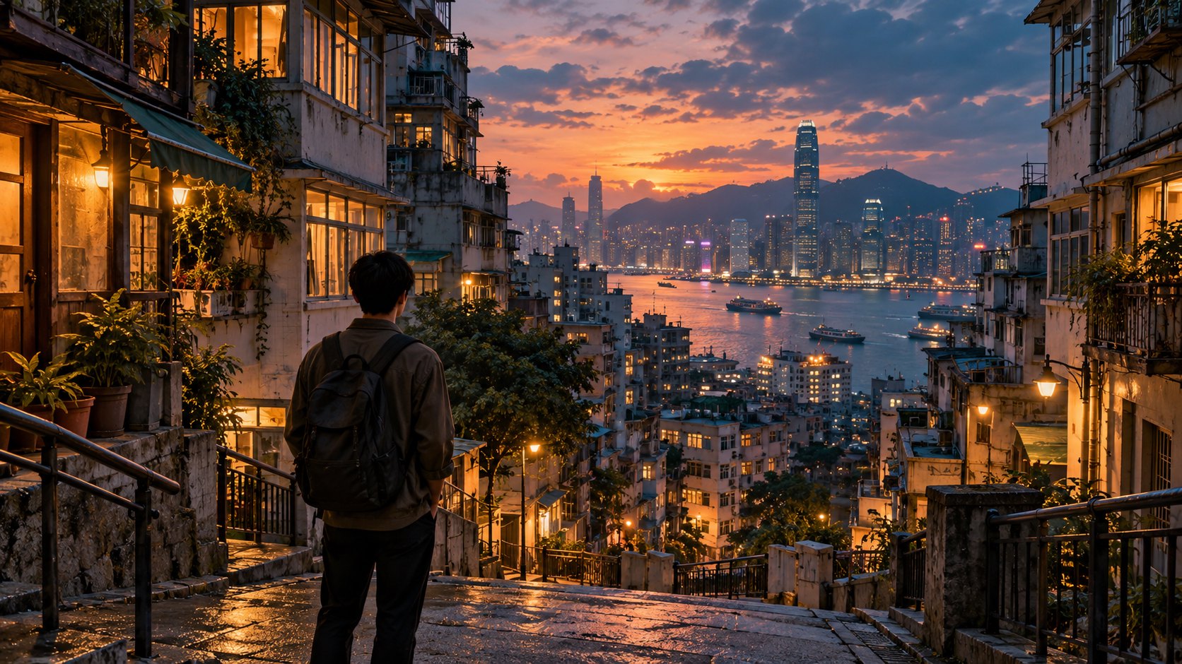 影迷站在香港風格的坡道街巷，望向暮色中的住宅與遠方海港，呈現電影旅遊意象