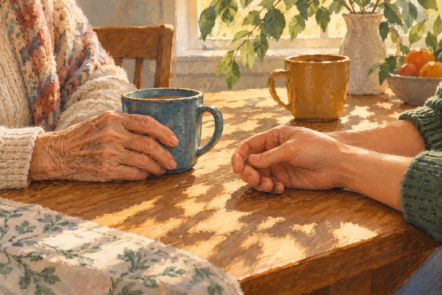 Conceptual illustration of an older person's hand holding a blue cup beside another person's open hand on a sunlit table.