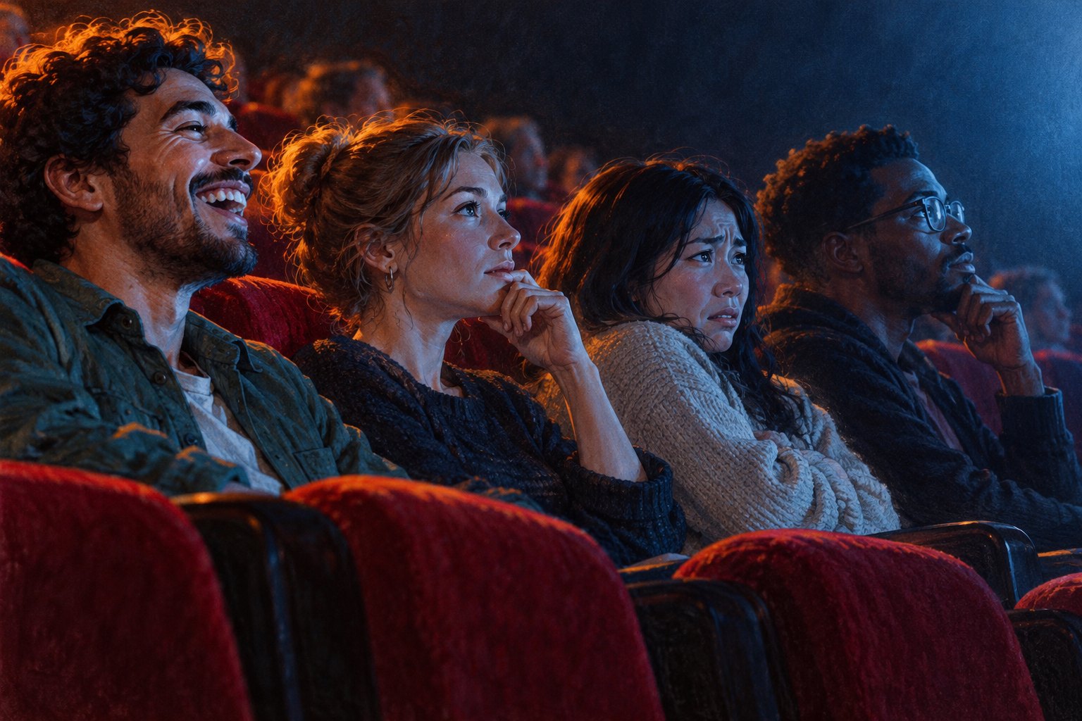 Conceptual illustration of four moviegoers reacting with laughter, thoughtfulness, discomfort, and concentration.