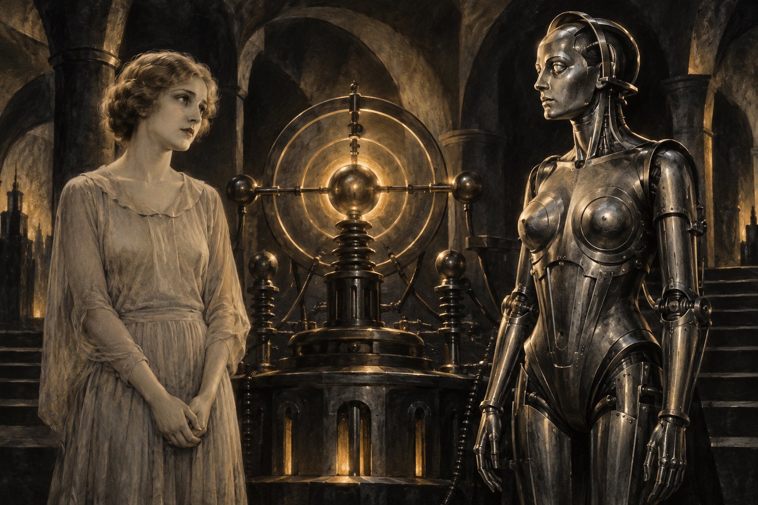 Interpretive illustration of Maria facing a metallic female automaton beside glowing apparatus in a shadowy laboratory.