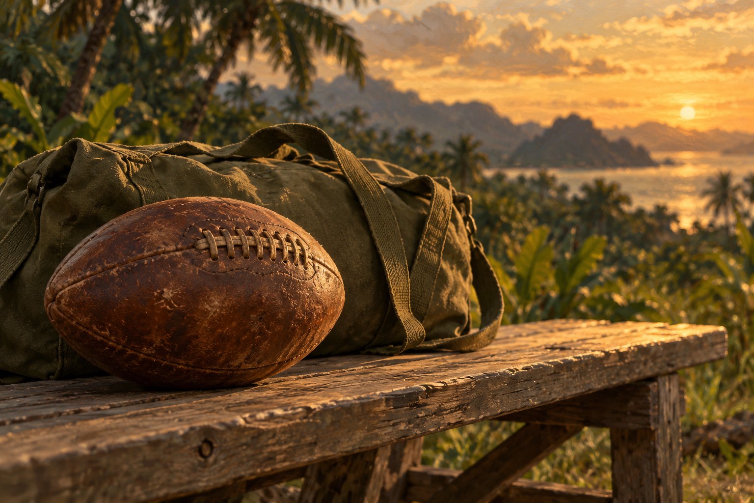 Symbolic editorial illustration of a worn leather football and olive military duffel on a wooden bench overlooking a tropical landscape at sunset.
