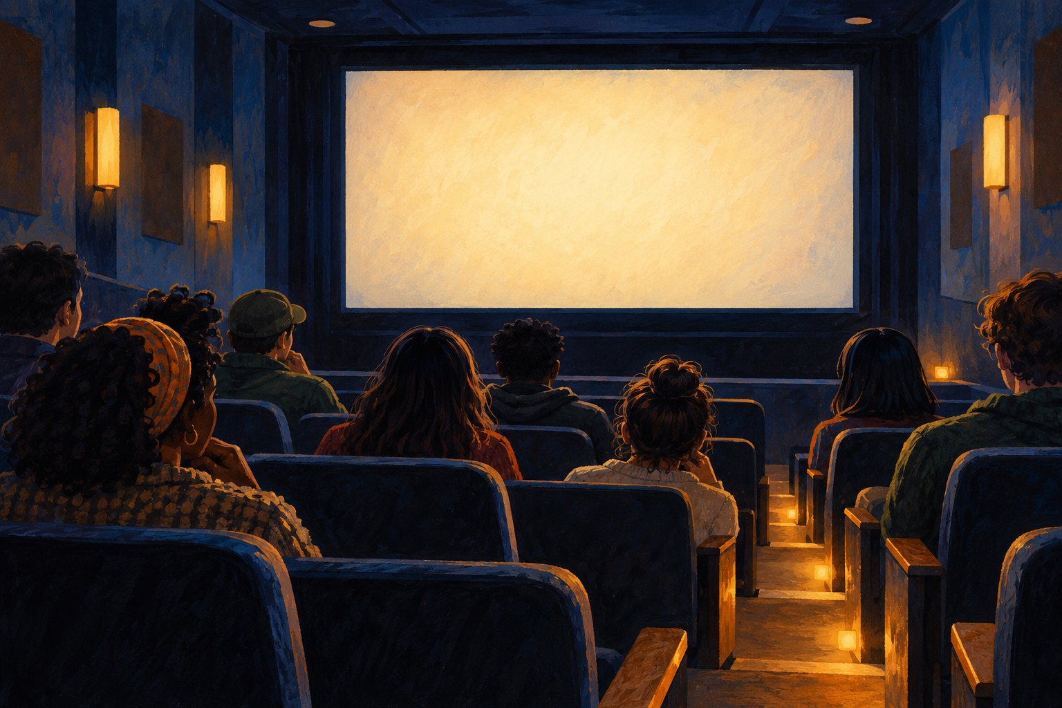 Editorial illustration of an audience facing a blank illuminated screen in a dark theater with warm aisle lighting.